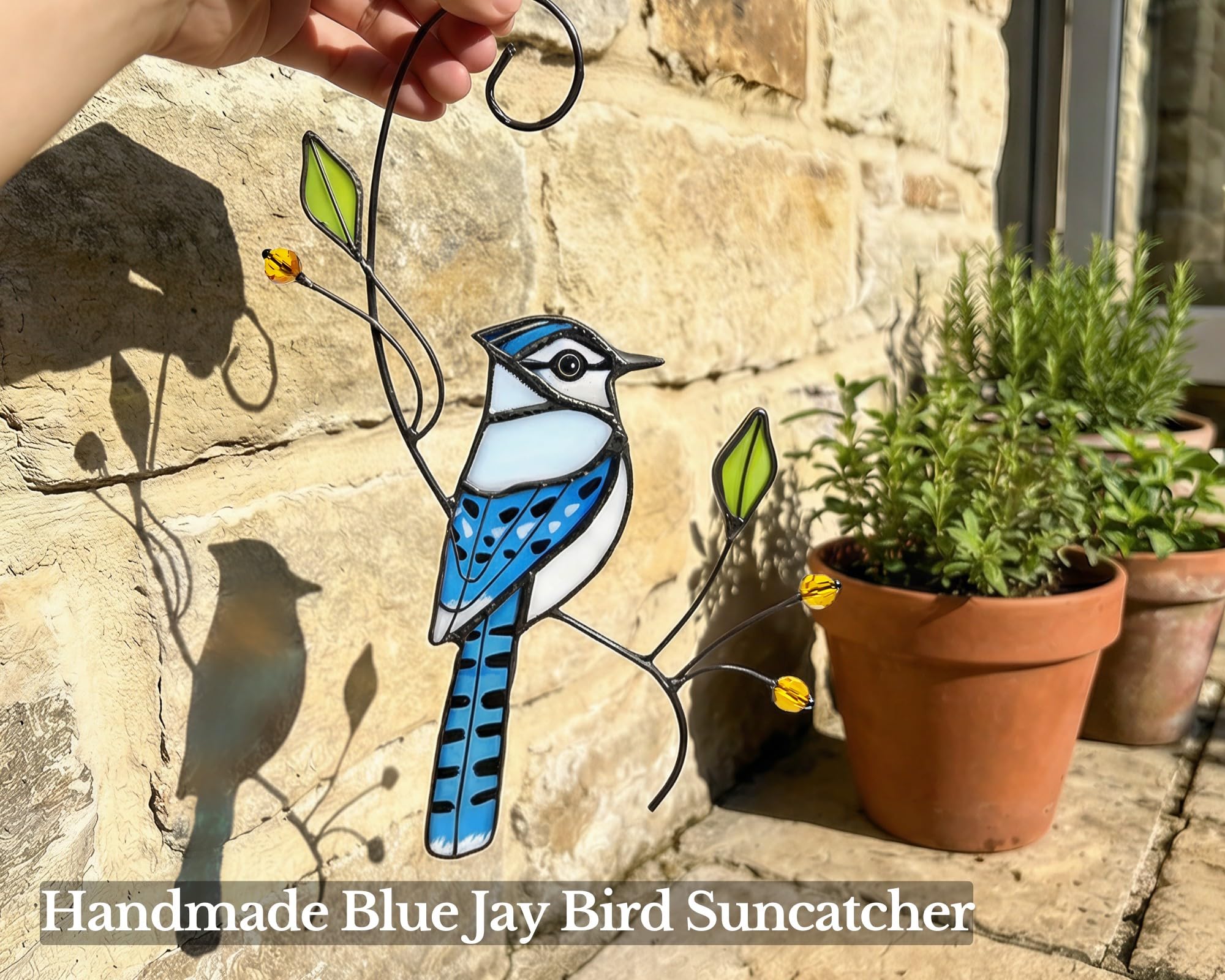 Blue Jay - Atrapasueños de cristal para mamá, abuela, mujeres, adorno colgante de ventana de cristal real, hecho a mano, decoración del hogar para amantes de los pájaros (embalaje listo para