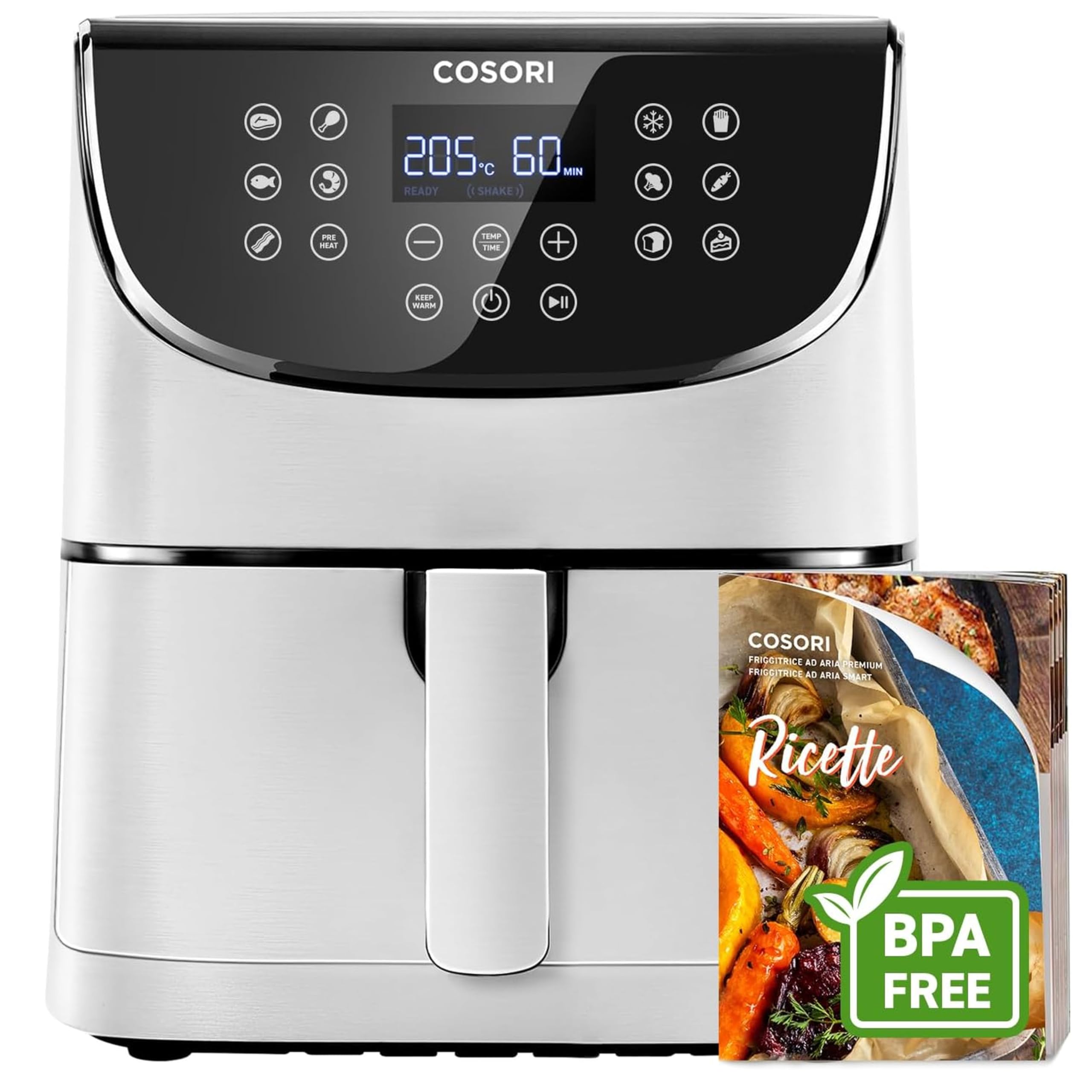 COSORI Friggitrice ad Aria 5,7 Litri, Air Fryer, 13 Funzioni, 97% Meno Olio, 67.5% di Risparmio Energetico, 75-205°C, 40 Ricette Italiane, Display Digitale, Lavabile in Lavastoviglie, 1700W, Bianco