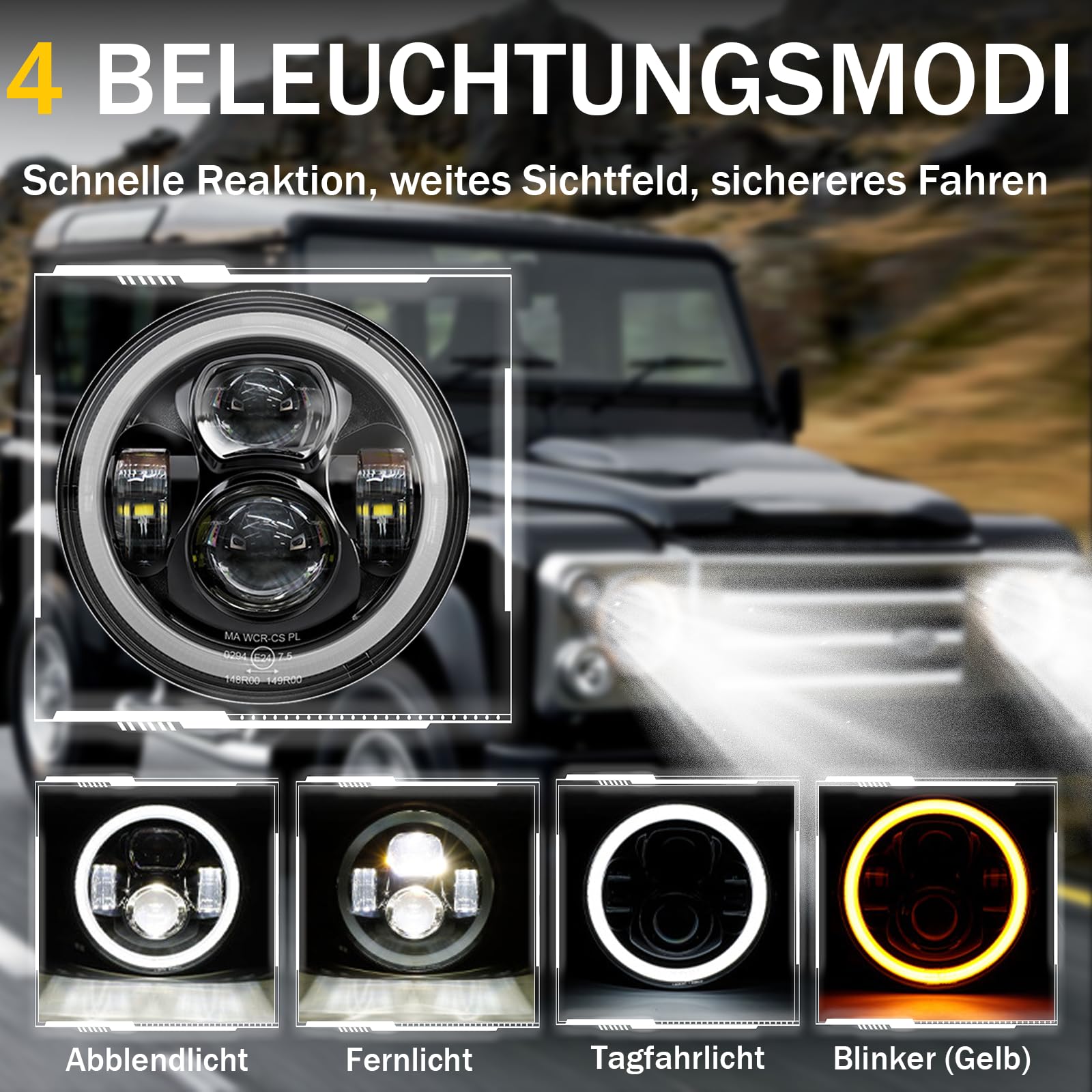 Faro LED da 7 pollici, omologato E, con anabbagliante e anabbagliante, indicatore di direzione e luce di marcia diurna per Jeep Wrangler ı JK Classe G 250 GD Wolf W460 W461 per Land Rover