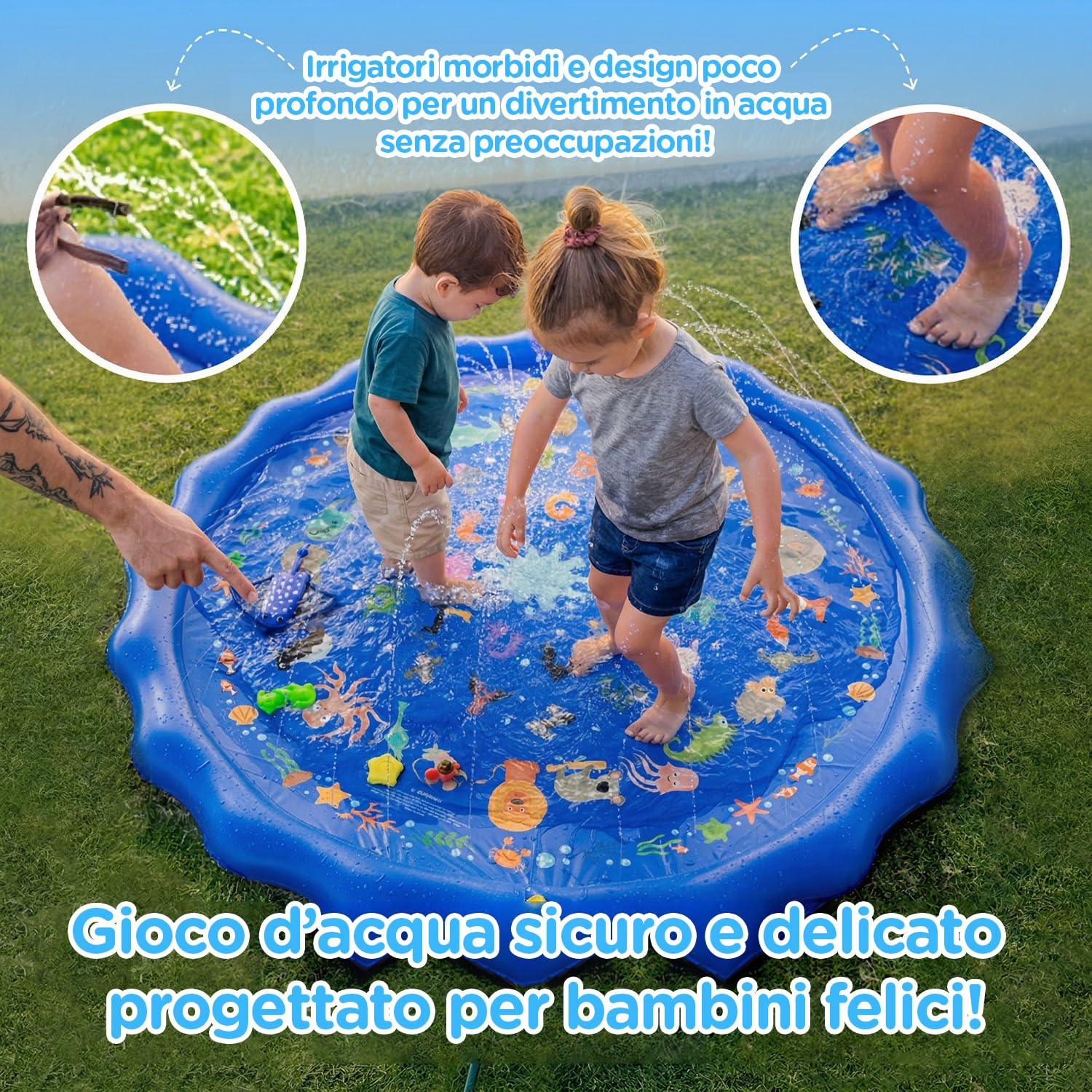 KiddoSpace Splash Pad per Bambini – Tappetino da gioco acquatico antiscivolo per esterni con design educativi, divertente attività estiva da giardino per neonati e bambini, include kit di riparazione