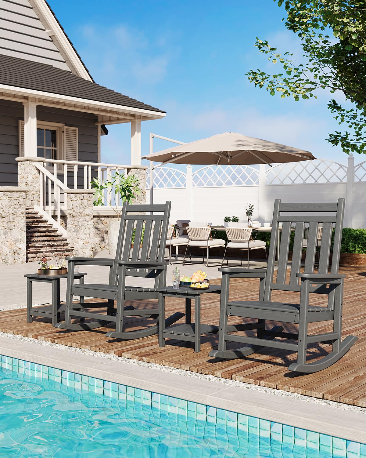 Sedia a Dondolo Da Giardino in HDPE - Schienale Alto, Braccioli Larghi - Robusta, Resistente Alle Intemperie - Stile Legno Pressato - Ideale Per Terrazza, Patio, Giardino