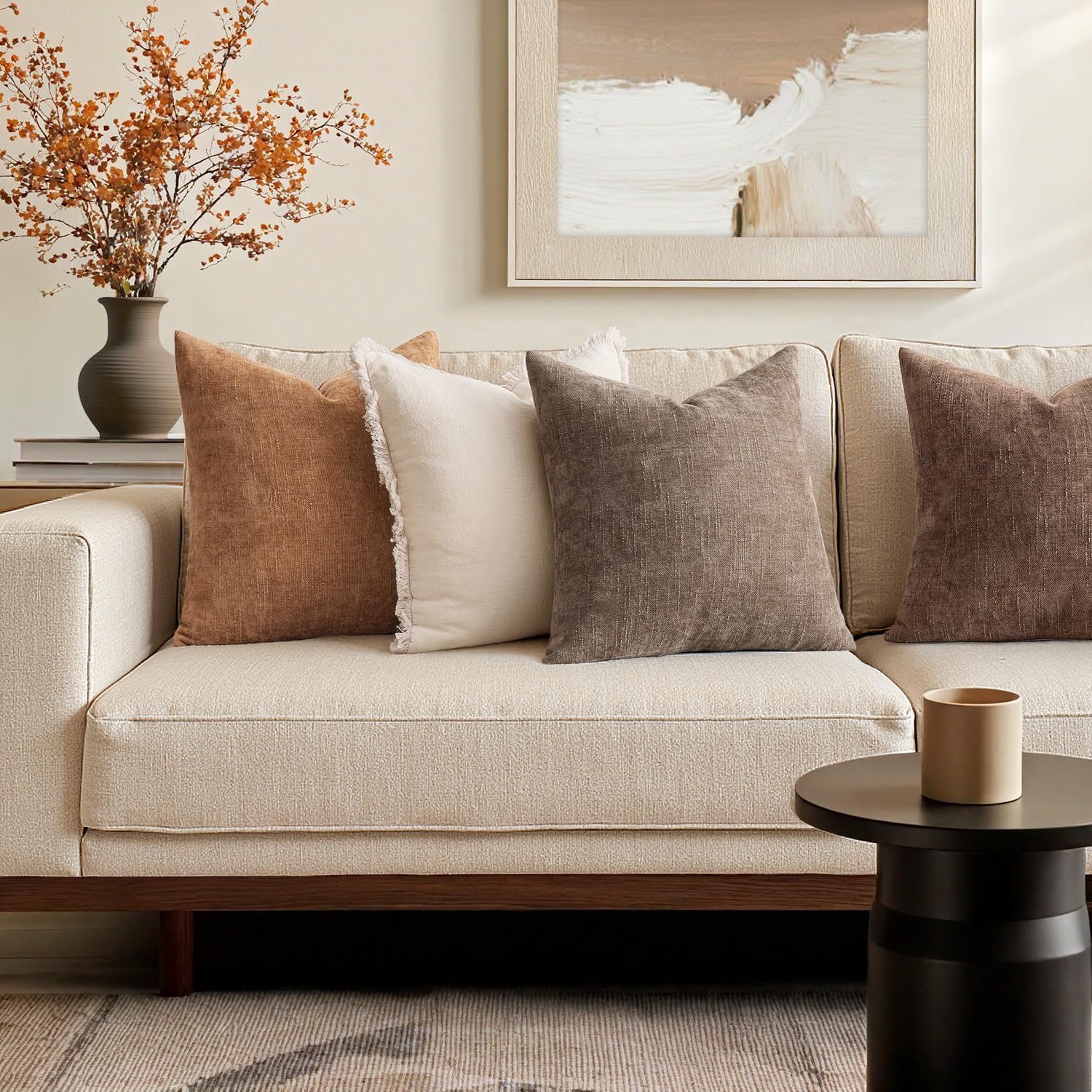 EMEMA Pack of 2 Decorative Chenille Throw Pillow Covers 20x20 Inch Soft Neutral Farmhouse Textured Cushion Cases with Zipper for Couch Sofa Bedroom Living Room Home Decor, Camel - Image 3