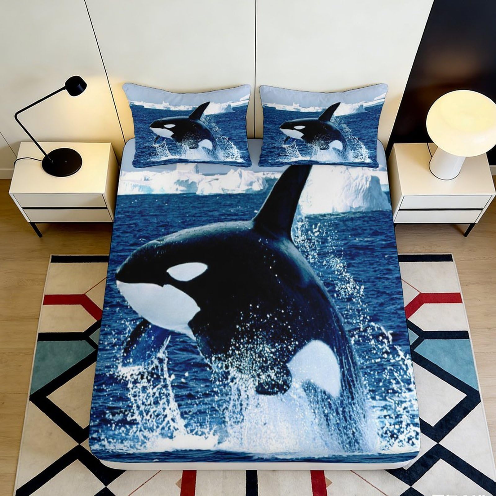 3D Printed Orca Ocean Fitted Sheet Microfiber Soft Breathable Killer Whale Bed Cover for Bedroom Dorm Decor 90x200x25cm