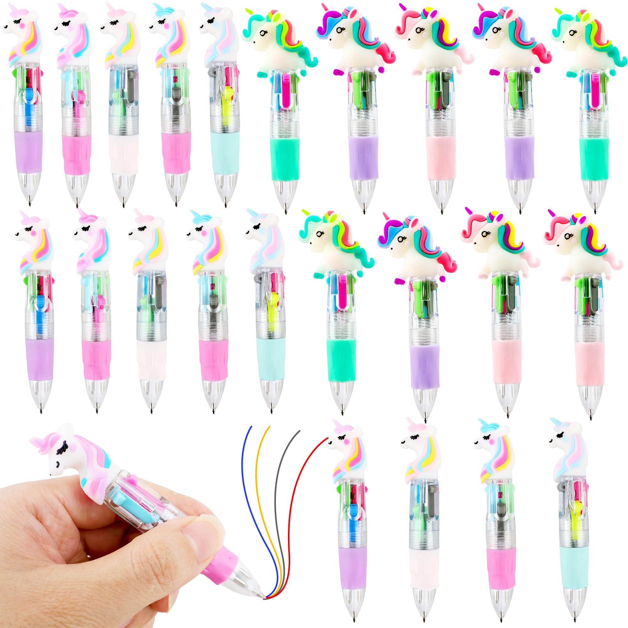 Spaluck 24 Pieces Mini Unicorn Ballpoint Pen Bulk Retractable 4-in-1 Gel Pen Cute Cartoon Multicolor Unicorn Pens Shuttle Pens for Office Students Back to School Gifts