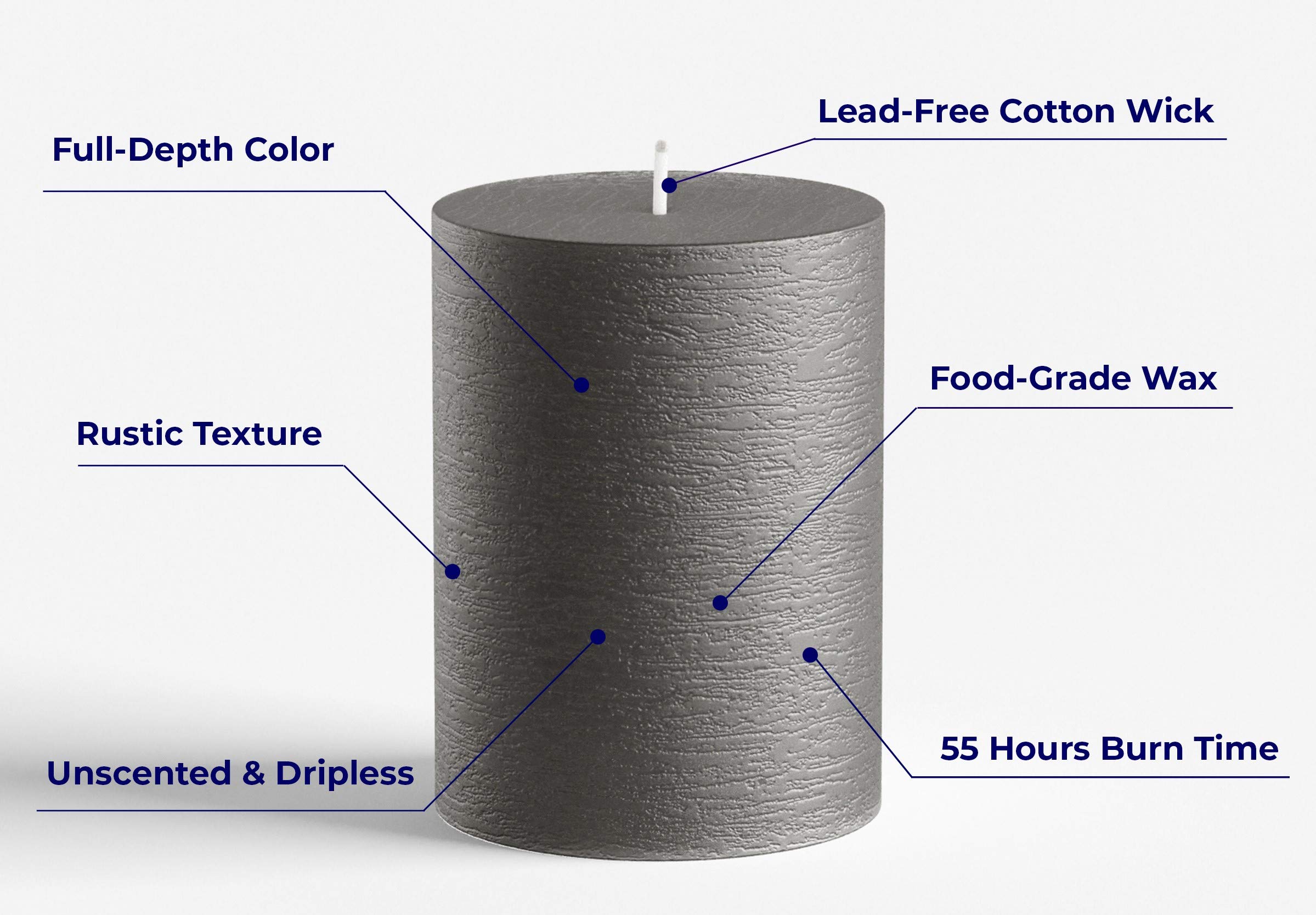 Melt Candle Company Set di 3 Grigio Scuro, 7,5 x 10 cm Candele a colonnasenza Profumo per Matrimoni ristoranti Decorazione Terme chiese stoppini in Cotone Senza Fumo
