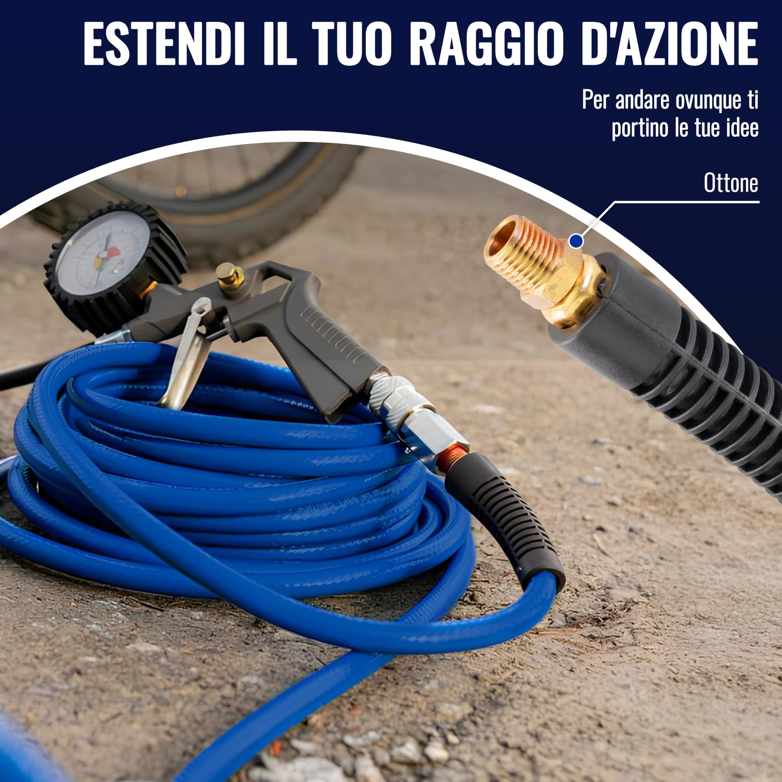 Poppstar Tubo per aria compressa in PVC ibrido 50 m, diametro interno 9,2 mm, beccuccio in ottone 1/4", 20 bar, blu