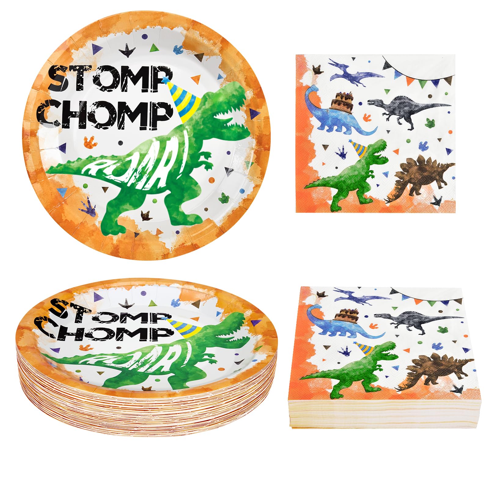 WERNNSAI 100PCS Dinosaur Plates and Napkins - Dinosaur Party Decorations Disposable Dino Dinner Luncheon Plates Napkins for Kids Boys Birthday Baby