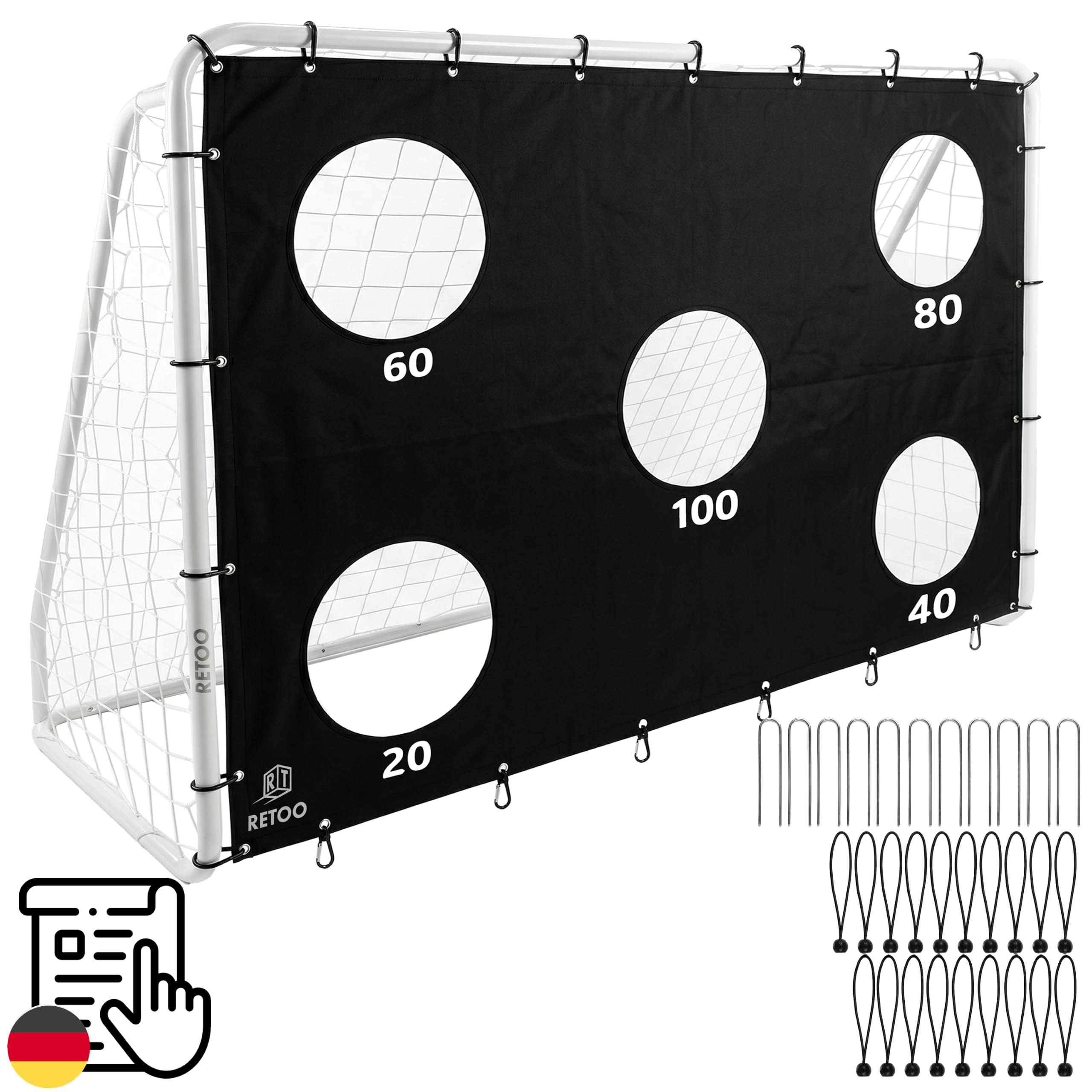 Retoo Fußballtor mit Zielwand, 240x170x85 cm Stahlrahmen, klappbar, PE-Netz | 20/60/80/100 Punkte, Metallheringe, nummerierte Rohre, Spannseile, Kunststoffclips