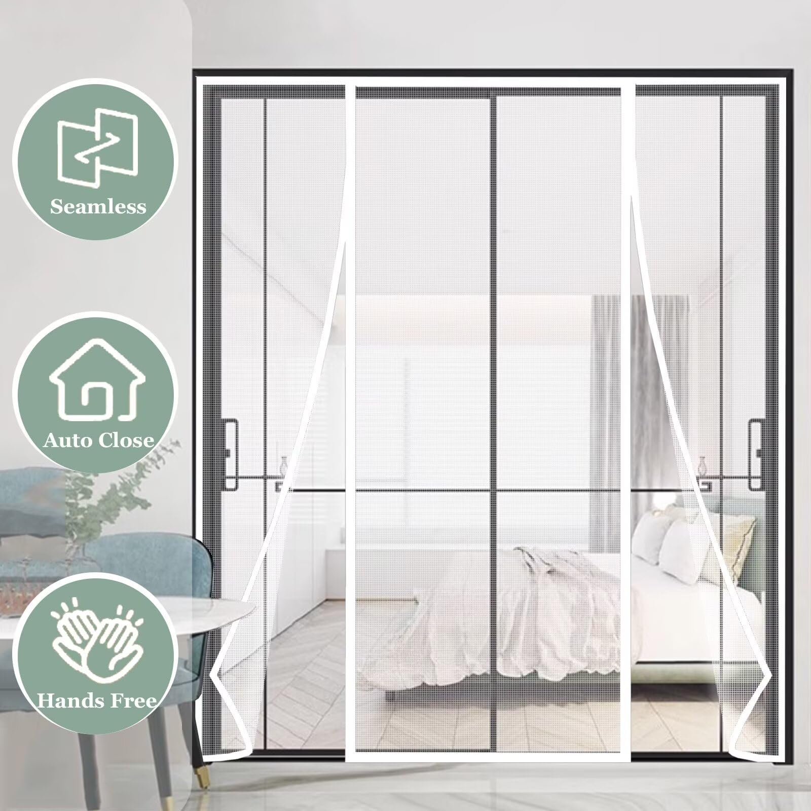 Moustiquaire Porte Fenêtre Aimantée 215x220cm Blanc Anti-mouches Rideau magnétique avec Ruban magique et fermeture à aimant pour espaces intérieurs extérieurs
