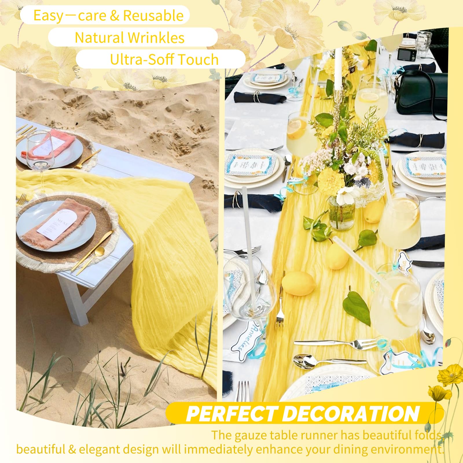 Showgeous Set da 16 Runner da Tavola in Garza Giallo chiaro 45x275cm Runner da Tavola in Garza Stile Boho Romantici e Rustici Decorazioni Trasparenti per Matrimoni Baby Shower Compleanni Feste Casa