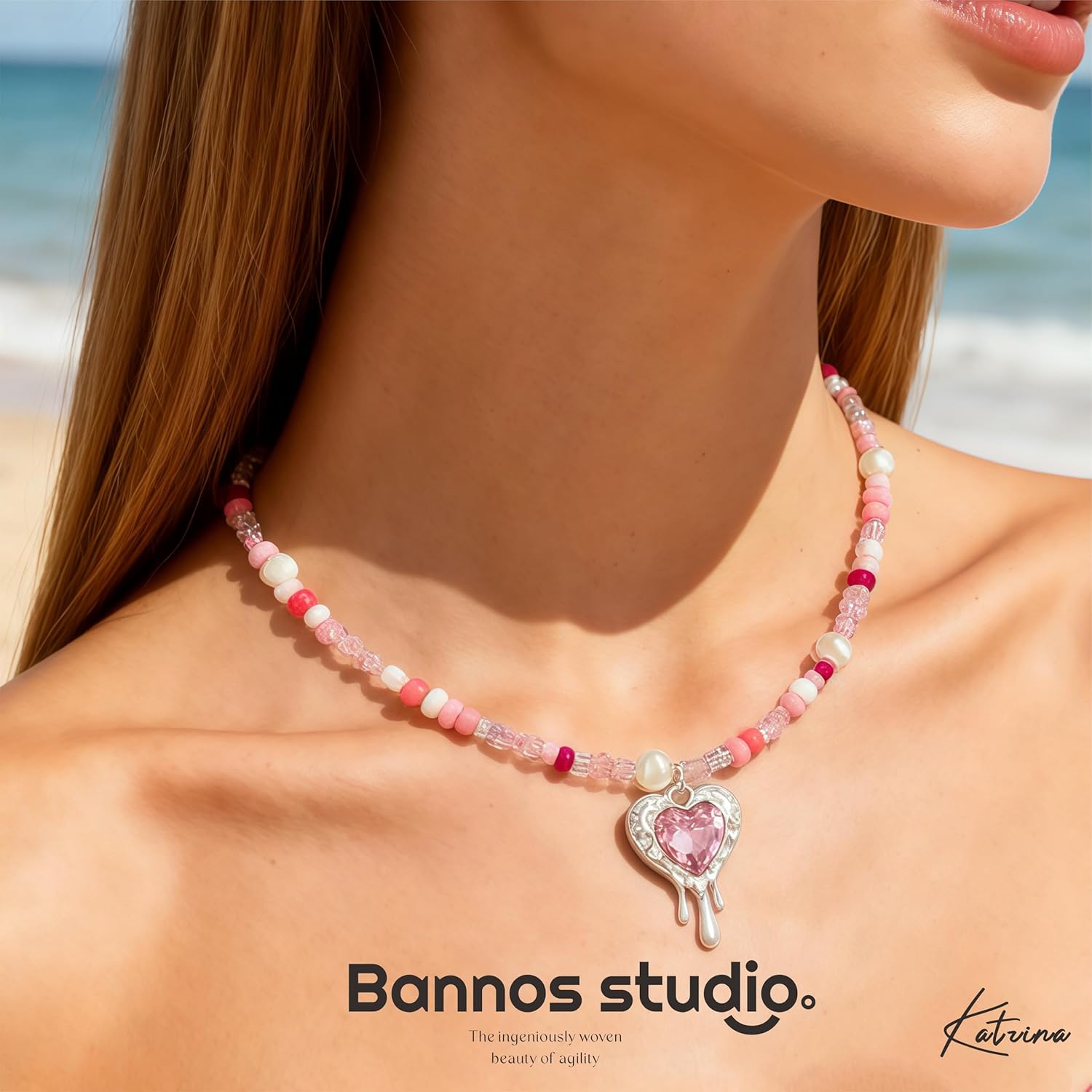 GABOX Handmade Beaded Boho Necklace with Pearl Accents & Heart Pendant, Unique Original Design Artisan Jewelry Choker for Women, Perfect for Travel, Parties and Special Occasions - Image 3