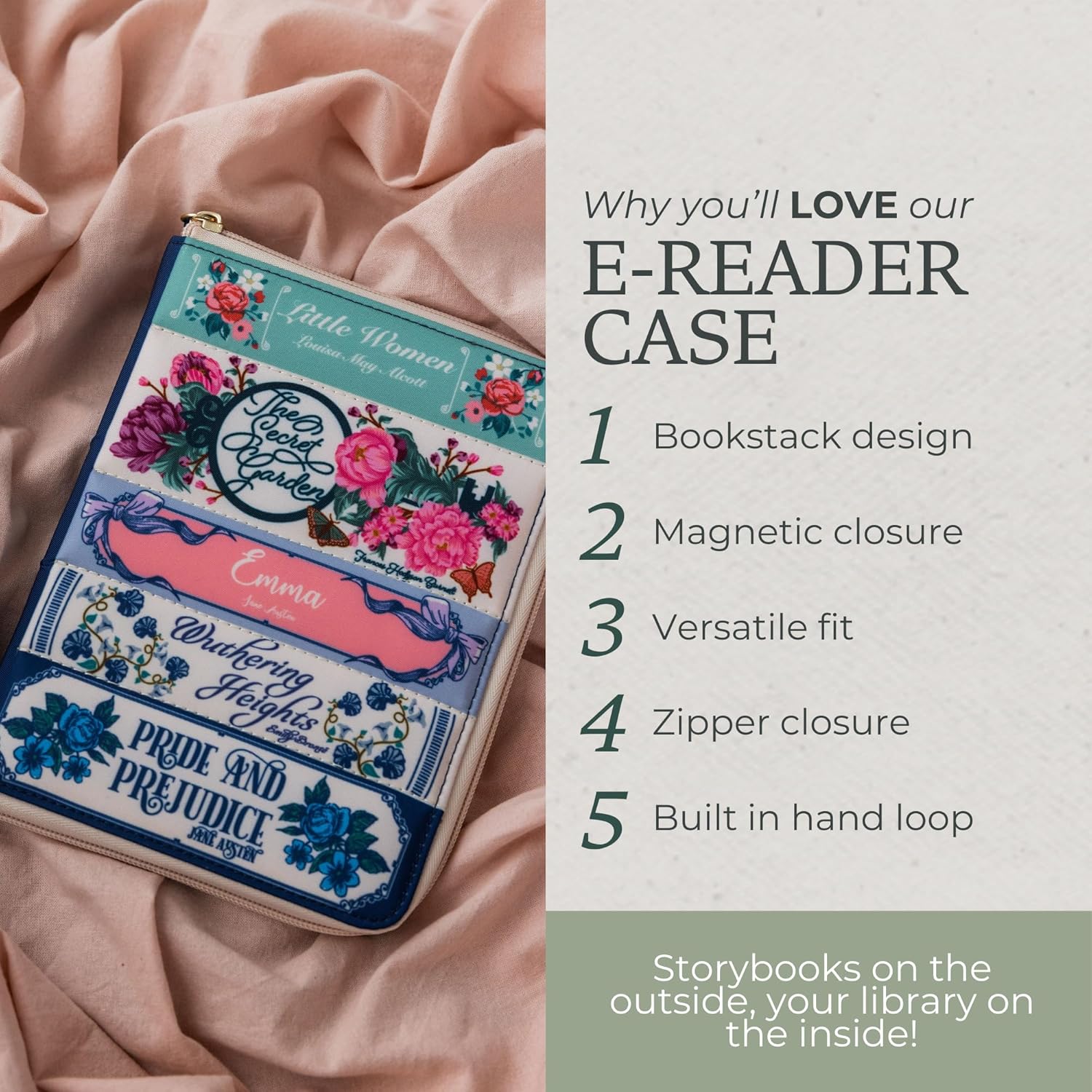 Steel Mill & Co E-Reader Folio Case, 8" x 6" Magnetic Book-Style Cover with Zipper Closure & Hand Loop, Universal Fit for Digital Readers and Small Tablets (Bookstack)