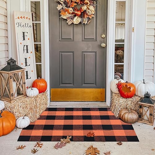 Fall Outdoor Orange and Black Plaid Rug - 28 x 43 Inches Cotton Hand-Woven Checked Rug Layered Doormats for Front Door Porch Farmhouse Entryway Patio Halloween