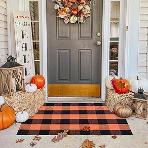 Fall Plaid Rug 28" x 43", Orange and Black Buffalo Check Front Porch Outdoor Layered Doormat, Cotton Hand-Woven Washable Rug for Halloween Thanksgiving Autumn Decor