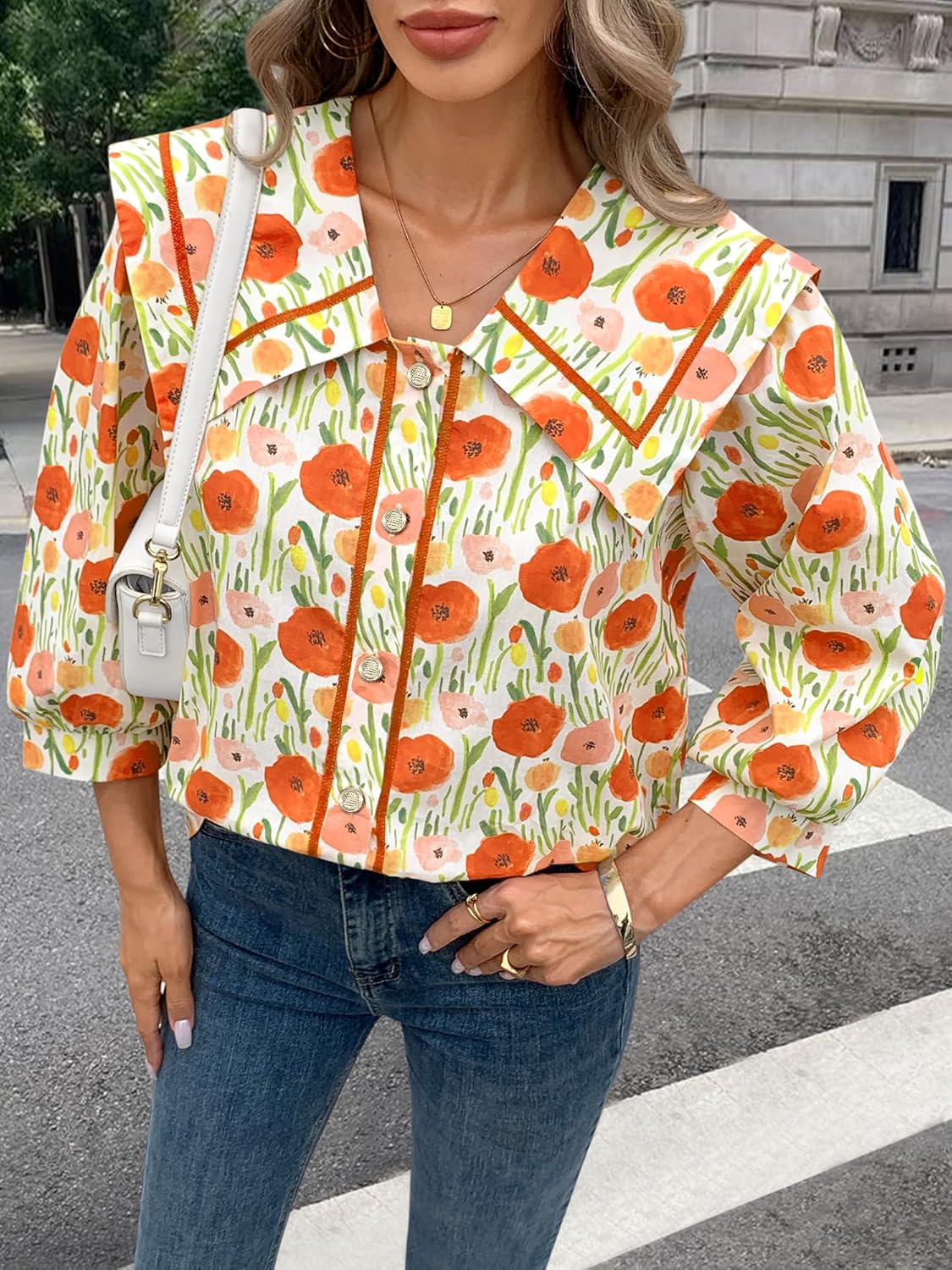 Women's 2026 Fashion Tops 100% Cotton Button Down Shirts V Neck 3/4 Length Sleeve Floral Peter Pan Collar Blouses - Image 2