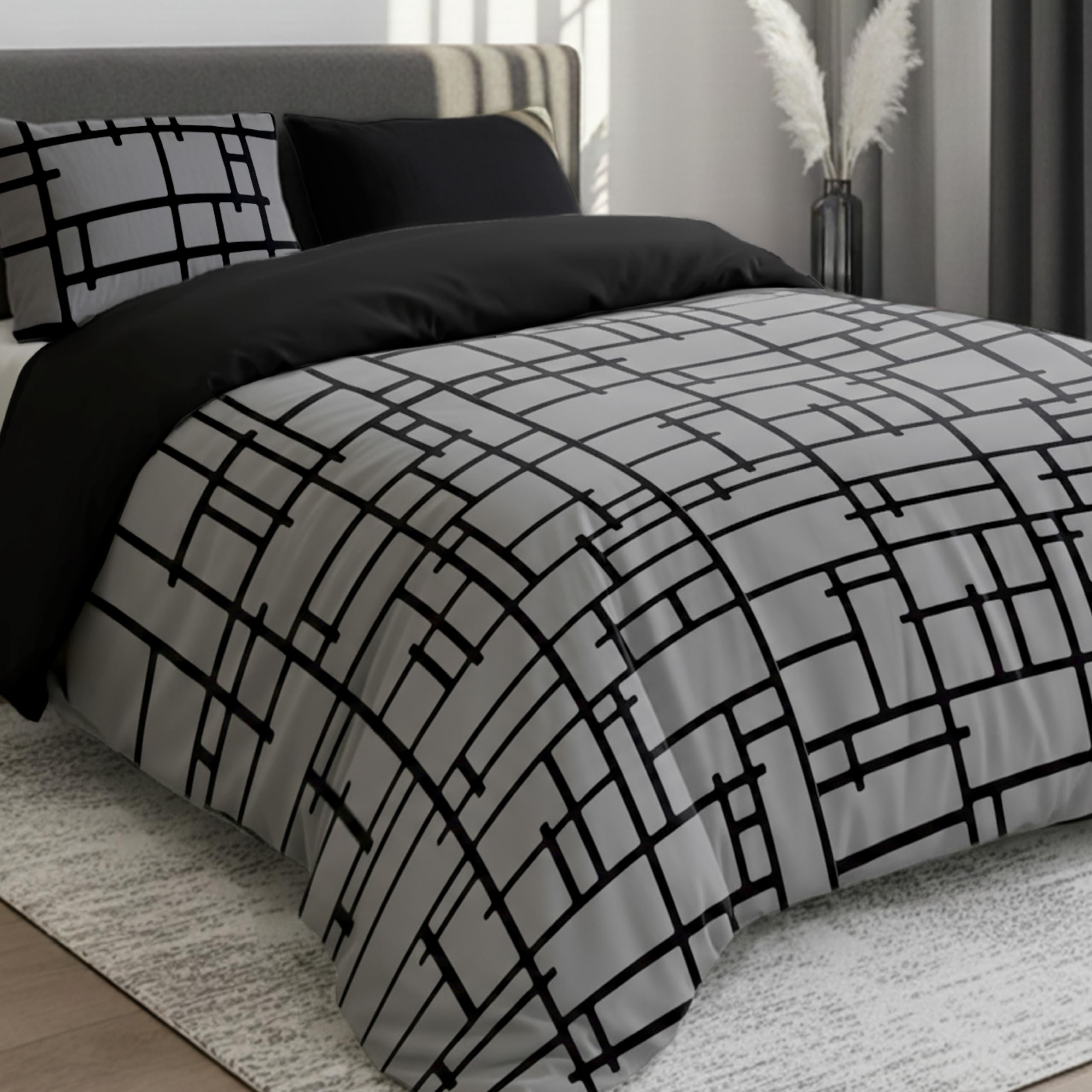 Dreamzie Dark Grey Geometric King Size Duvet Cover Sets - Premium Microfiber Reversible Kingsize Duvet Cover Sets (230 X 220 Cm) 3 Pcs - Ultrasoft Hypoallergenic Quilt Cover King Size Bedding Sets With Zipper Closure