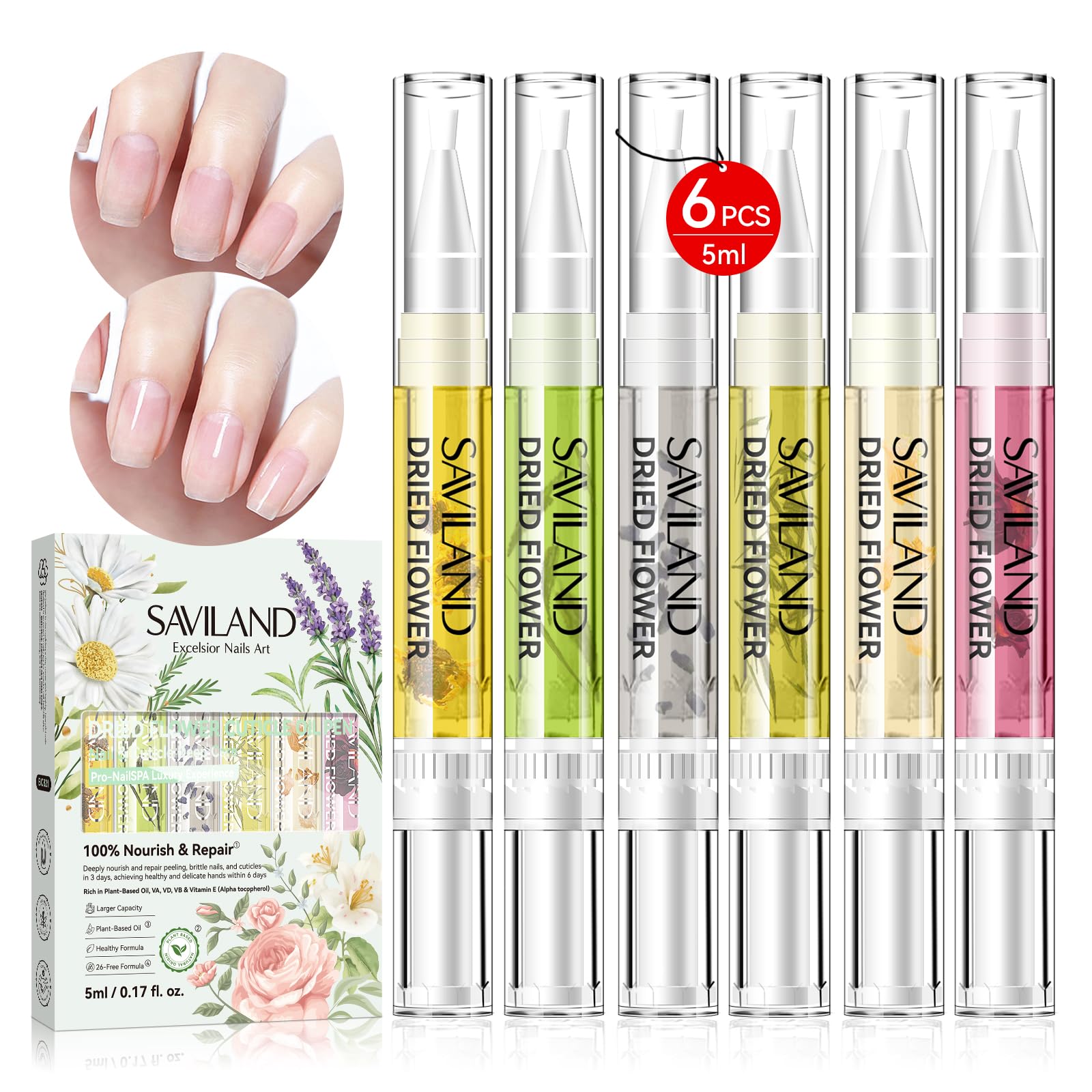 SAVILAND Floral Cuticle Oil Pen: 6Pcs 5ml Large Capacity Nail Growth Oil with Real Flowers For Revitalizing Hydrating Repairing Nail Strengthener Cuticles Softener Nail Growth Serum with Vitamin E