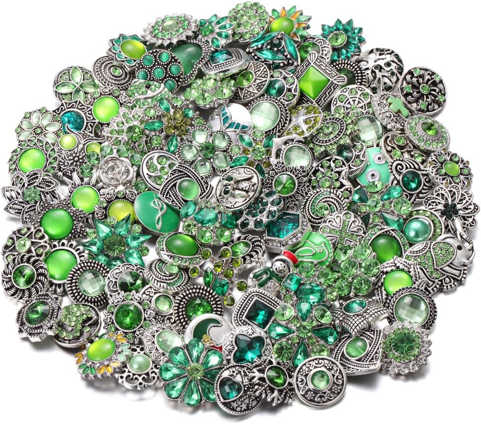 Lovglisten 100pcs Green Mix Style 20mm Snap Jewelry Mixed Round Metal Rhinestone Snap Buttons Fit Snap Bracelet Bangles Necklaces (4)