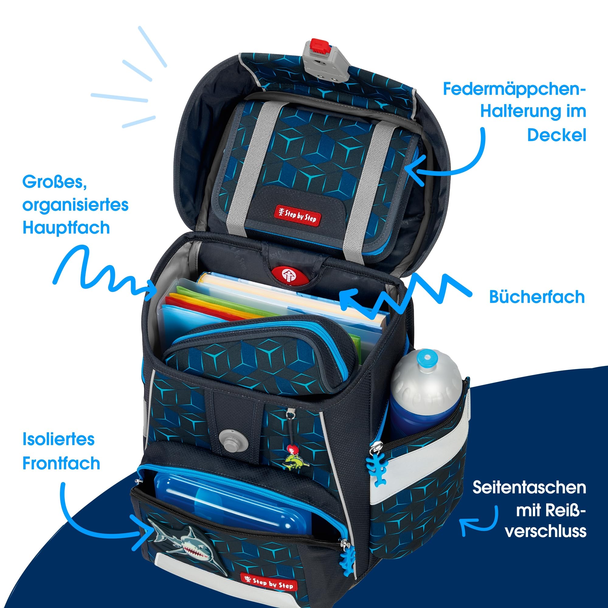 Step by Step Schulranzen-Set Space Shine „Shark Dexter“ 5-teilig, ergonomischer Tornister aus reflektierendem Material, höhenverstellbar, ab 1. Klasse, 20L, blau-schwarz, Hai