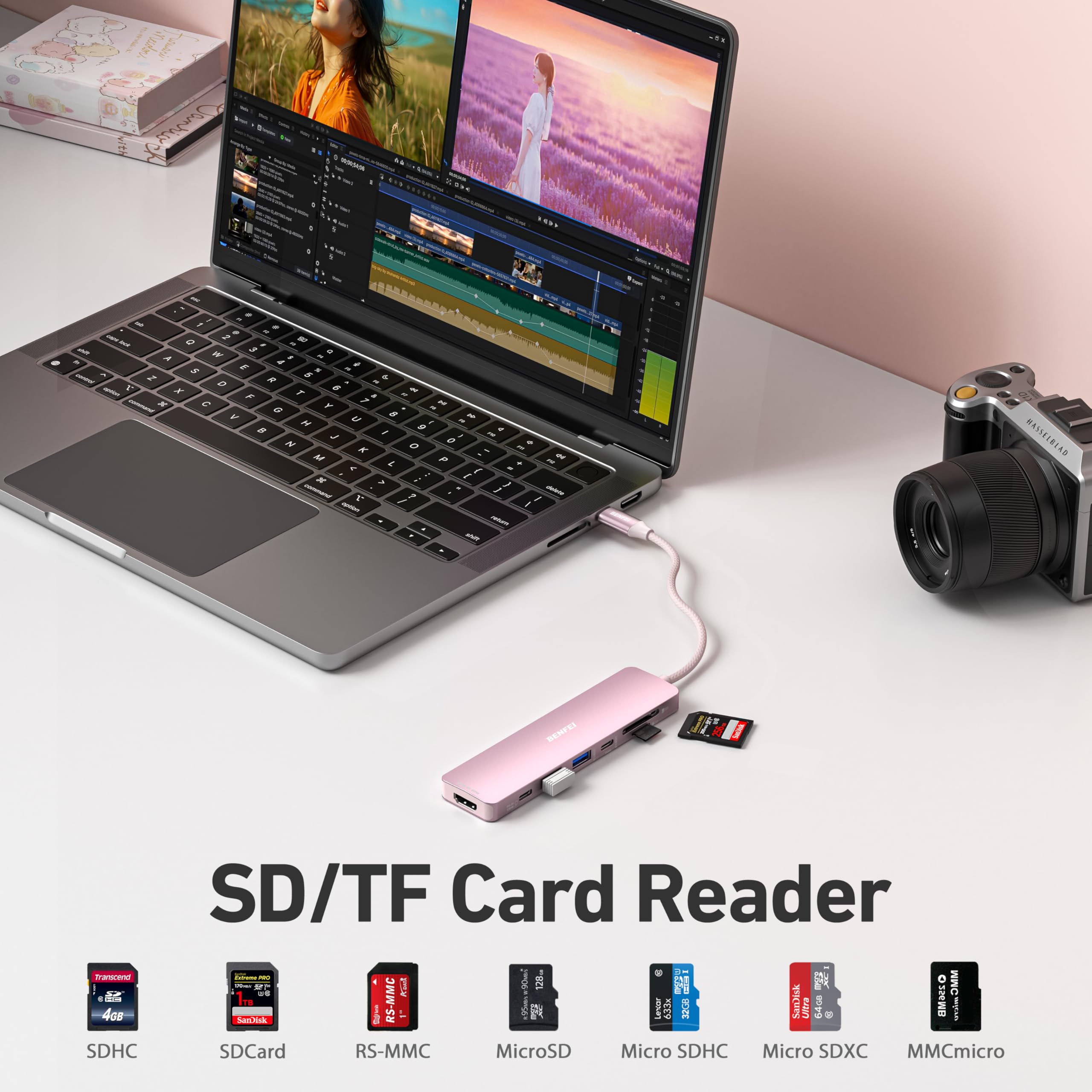 BENFEI Hub USB C 7-en-1 HDMI 4K@60Hz 100W Charge SD/TF MacBook Pro Air iPad Pro iMac Pink