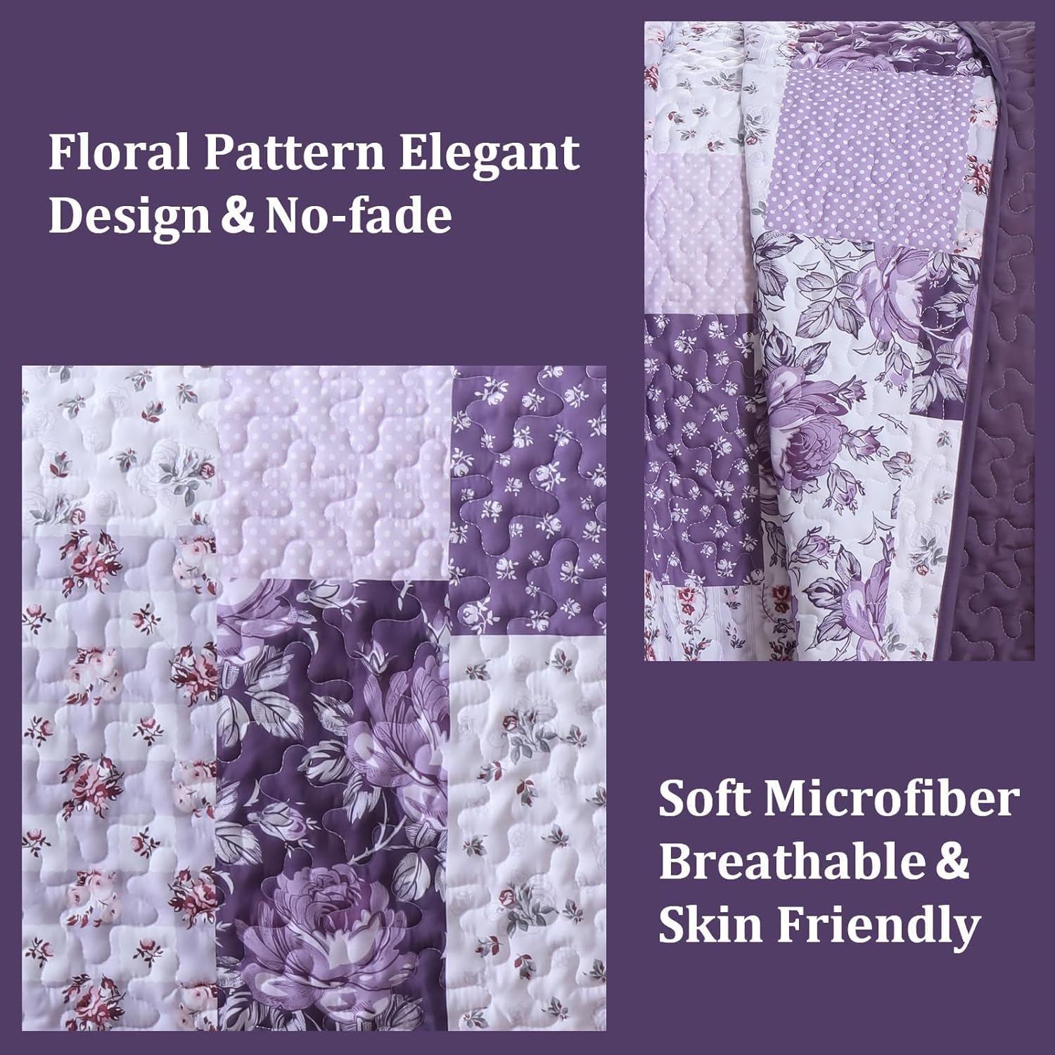 Purple Quilt Set King Size, Boho Floral Plaid Bedspread Coverlet Set, Patchwork Quilt Bedding Set, Farmhouse Soft Lighweight Bedspread Set for All Season - Image 3