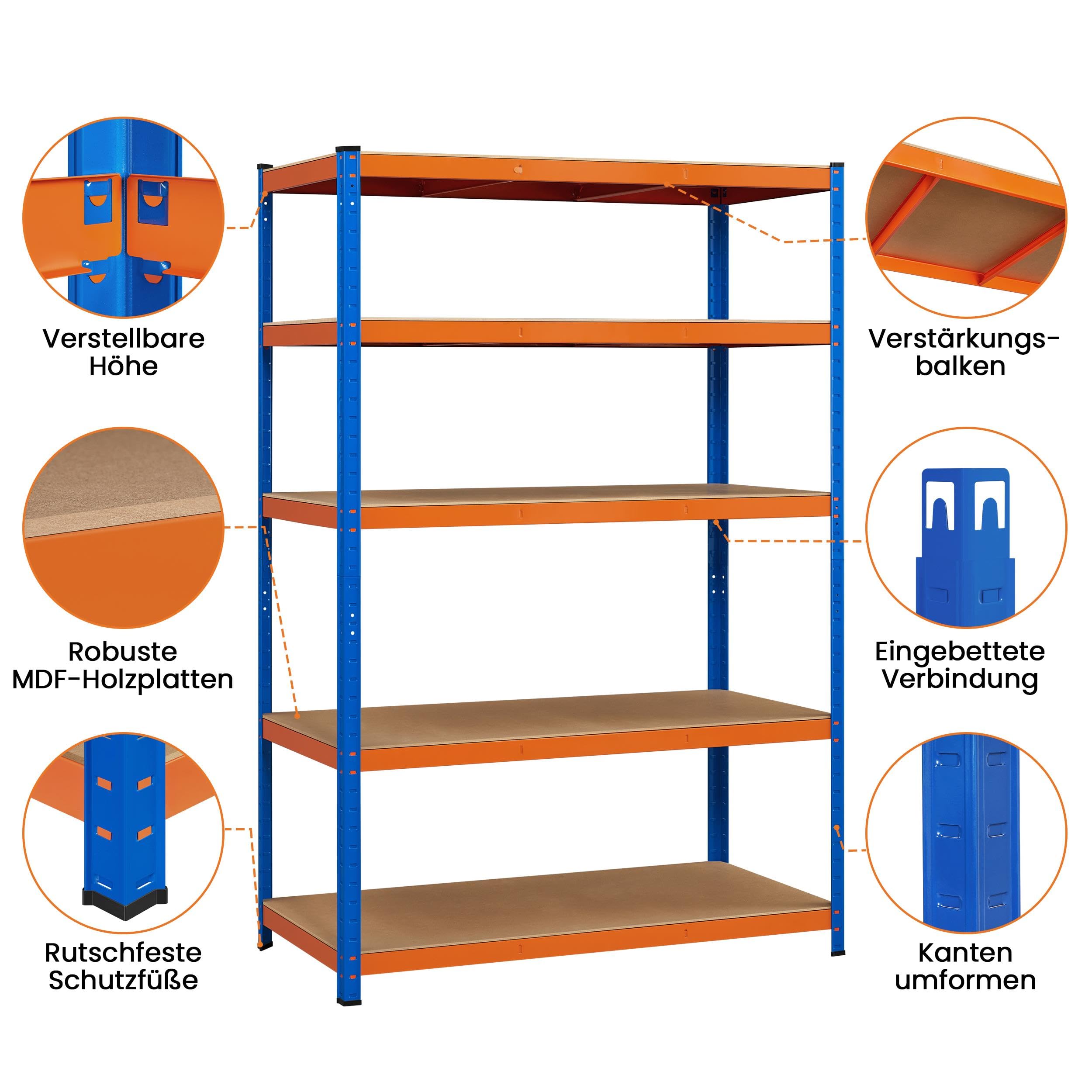 Yaheetech 2 x regał magazynowy 180 x 120 x 60 cm, regał do piwnicy, 875 kg, regał wtykowy, niebieski, 5 płyt MDF, regał warsztatowy, do dużych obciążeń, pomarańczowy, niebieski