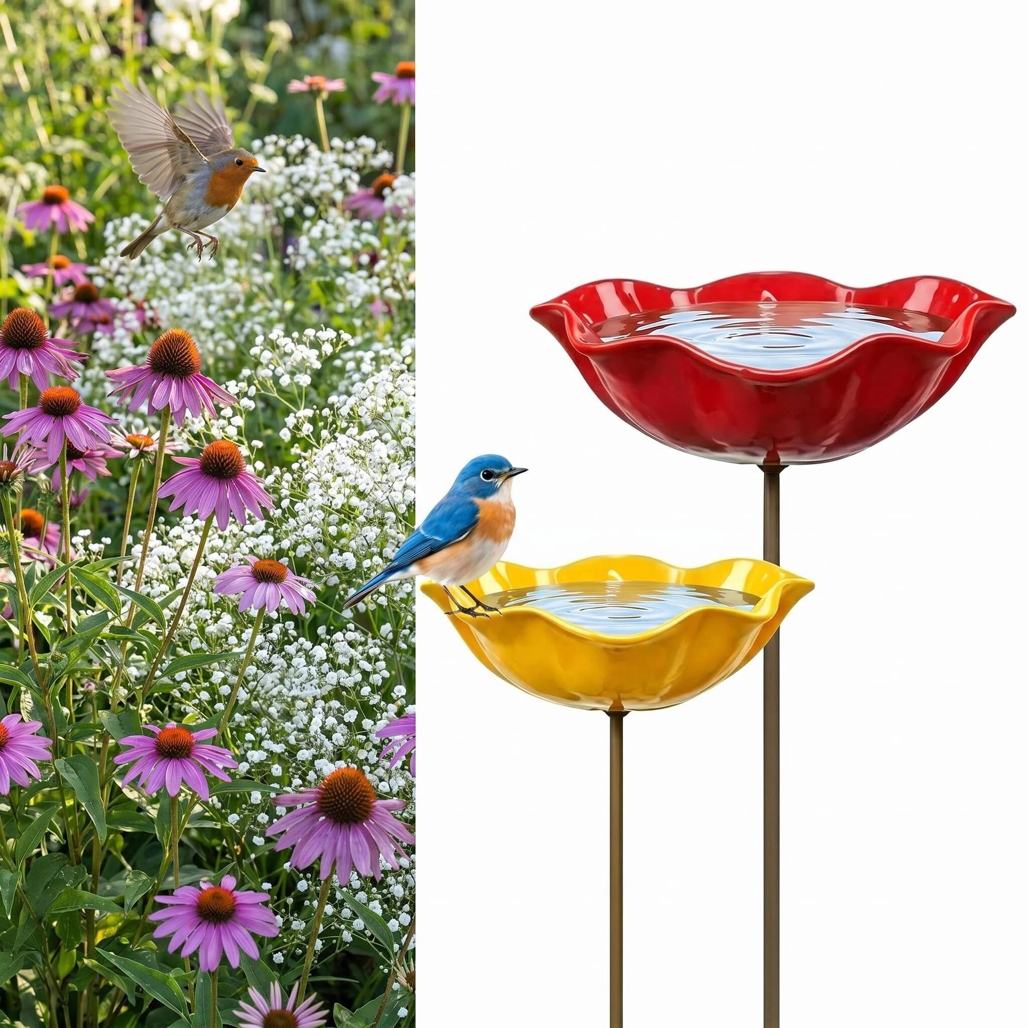 2 Pcs Handmade Metal Flower Garden Stake Bird Bath & Pollinator Water Station, Colorful Bee Water Feeder with Shallow Bowl, Durable Metal Bird Feeder for Outdoor Yard, Lawn, Patio Decor — image 1