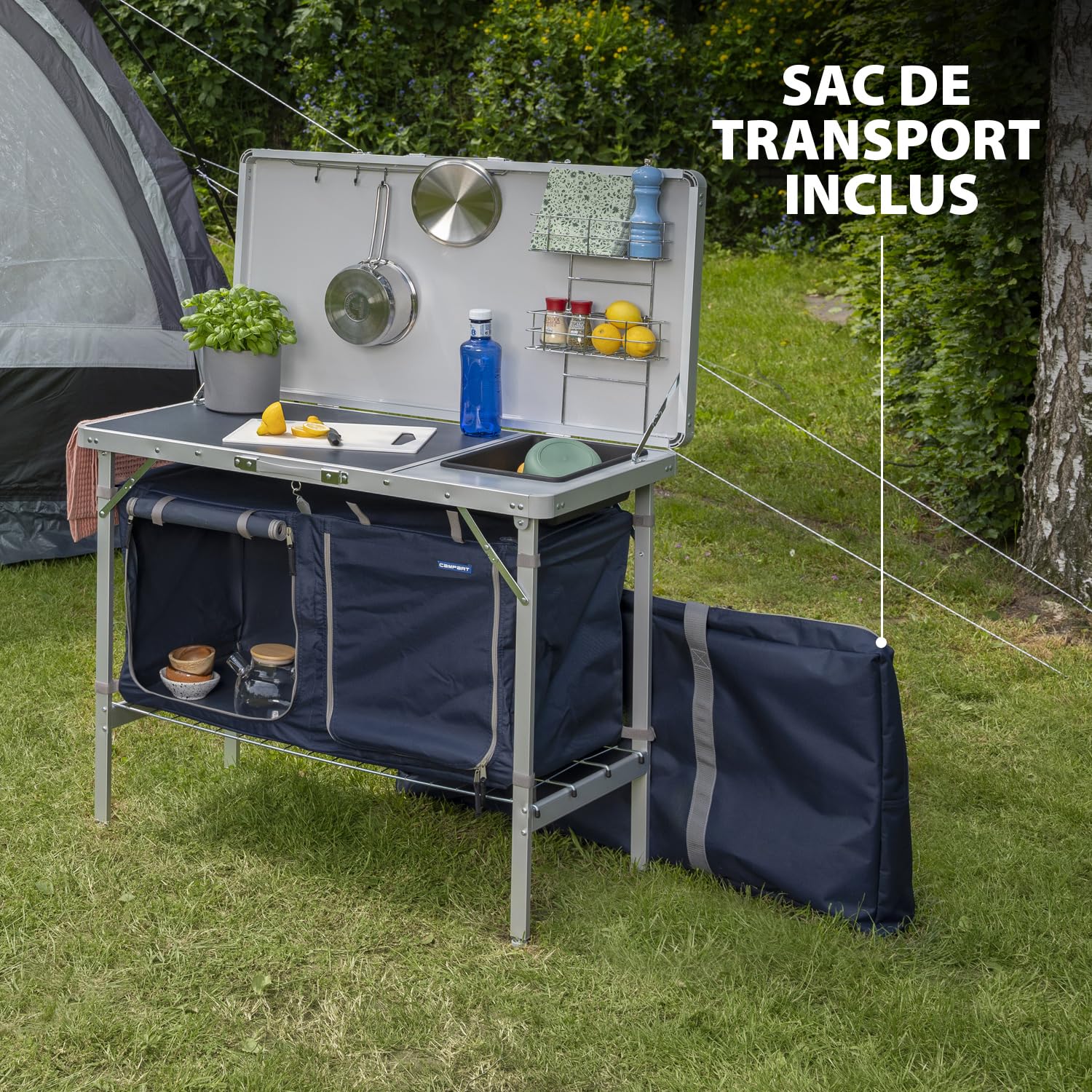 Campart Cuisine de camping pliable Salamanca - 2 compartiments - Bac à vaisselle & auvent - Sac de transport inclus - Armature en aluminium