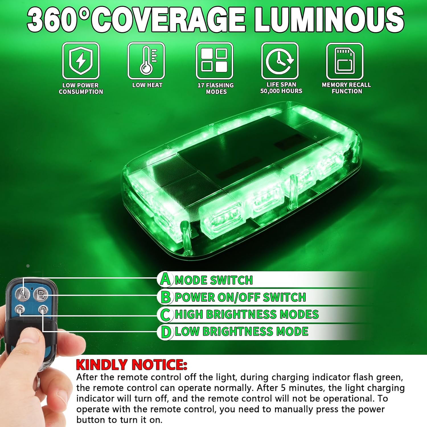 Rechargeable Emergency Roof Top Strobe Light Wireless Battery, 48LED 17 Flashing Modes,High Low Brightness,Hazard Traffic Lights w/Magnetic Base, Remote Control for Construction Vehicles (Green)
