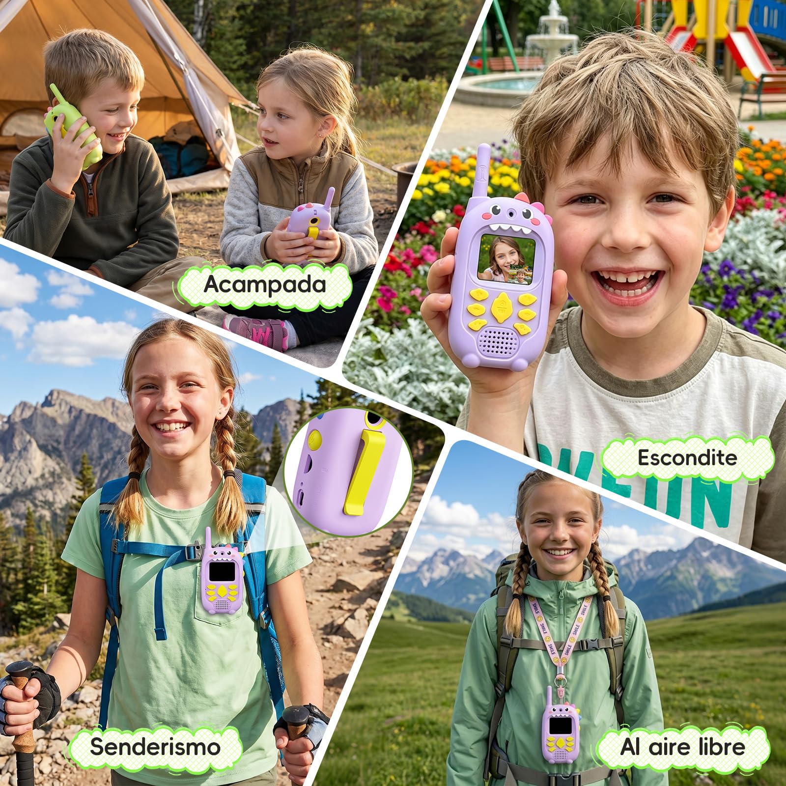 Cámara Doble Walkie Talkie Niños con Videollamada, Paquete de 2 Walkie Talkies Recargable, Largo Alcance & 4 Efectos de Voz Juguetes, Regalo de Cumpleaños para Niños & Niñas de 3 a 12 Años