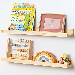 Picture Ledge Shelf for Wall, 24 inch Solid Pine Wood Nursery Book Shelv...