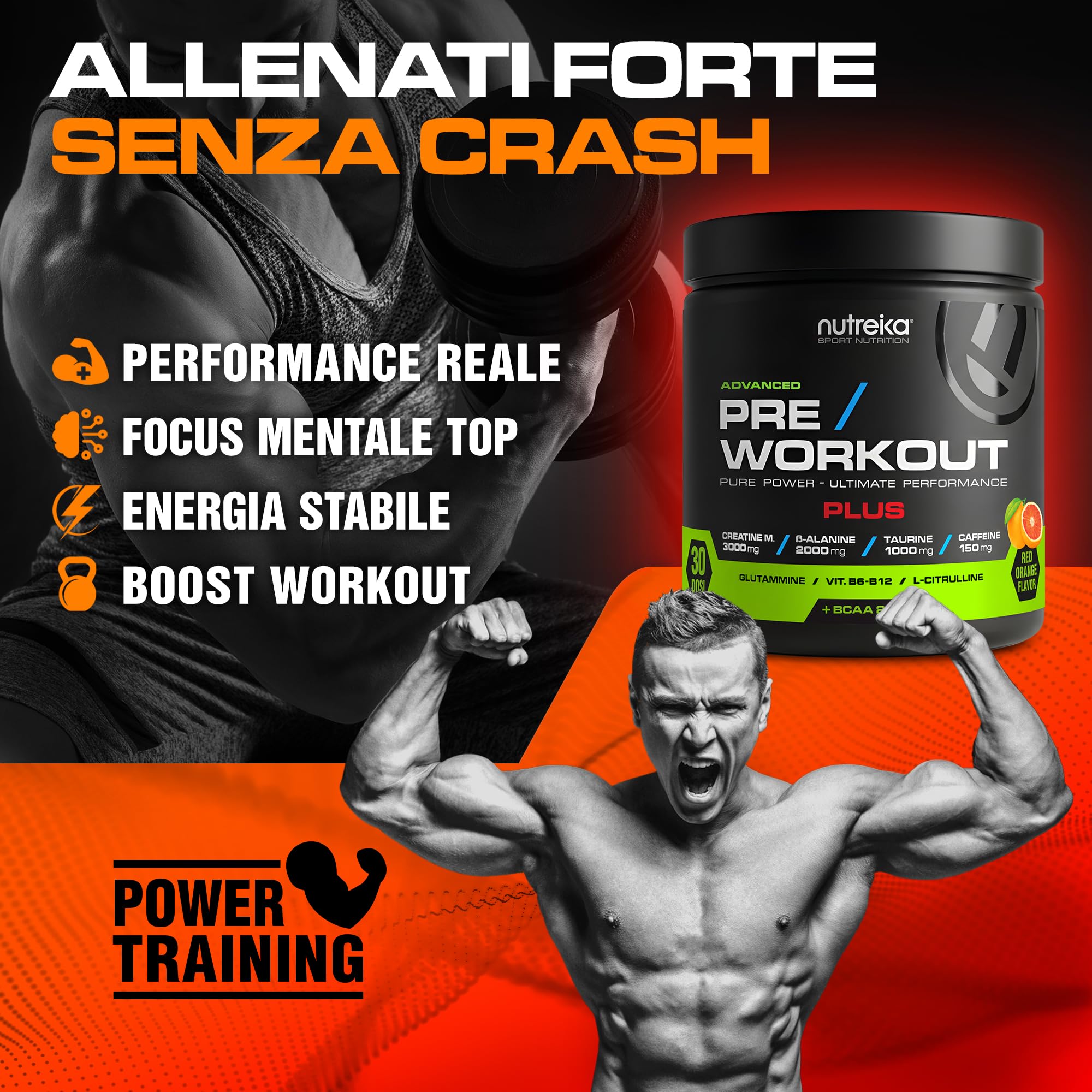 Nutreika Pre Workout Potente + Creatina Monoidrata Pura - 30 Dosi | Preworkout Forte in Polvere Concentrata 300g - Energia, Forza, Focus per Palestra, Clean Formula Made in Italy