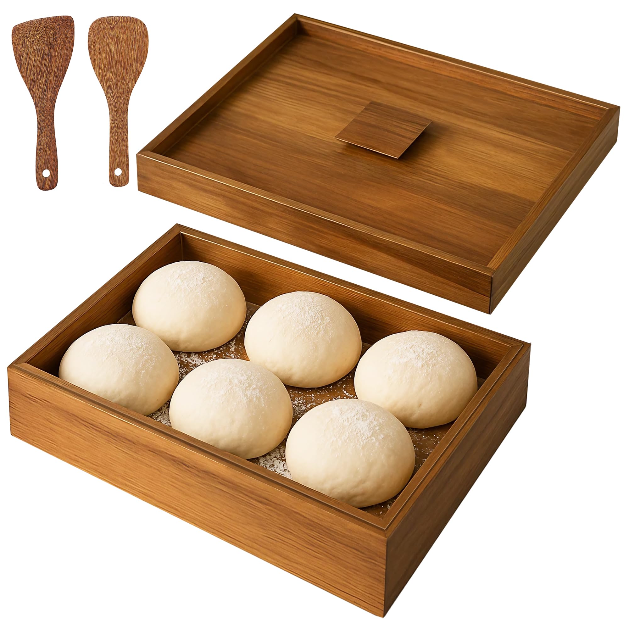 koretech Pizza Dough Proofing Box, 16'' x 12'' Wooden Pizza Dough Droofing Container with Lid and Dough Spatula, Suitable for Homemade Pizza Bread (Acacia Wood)