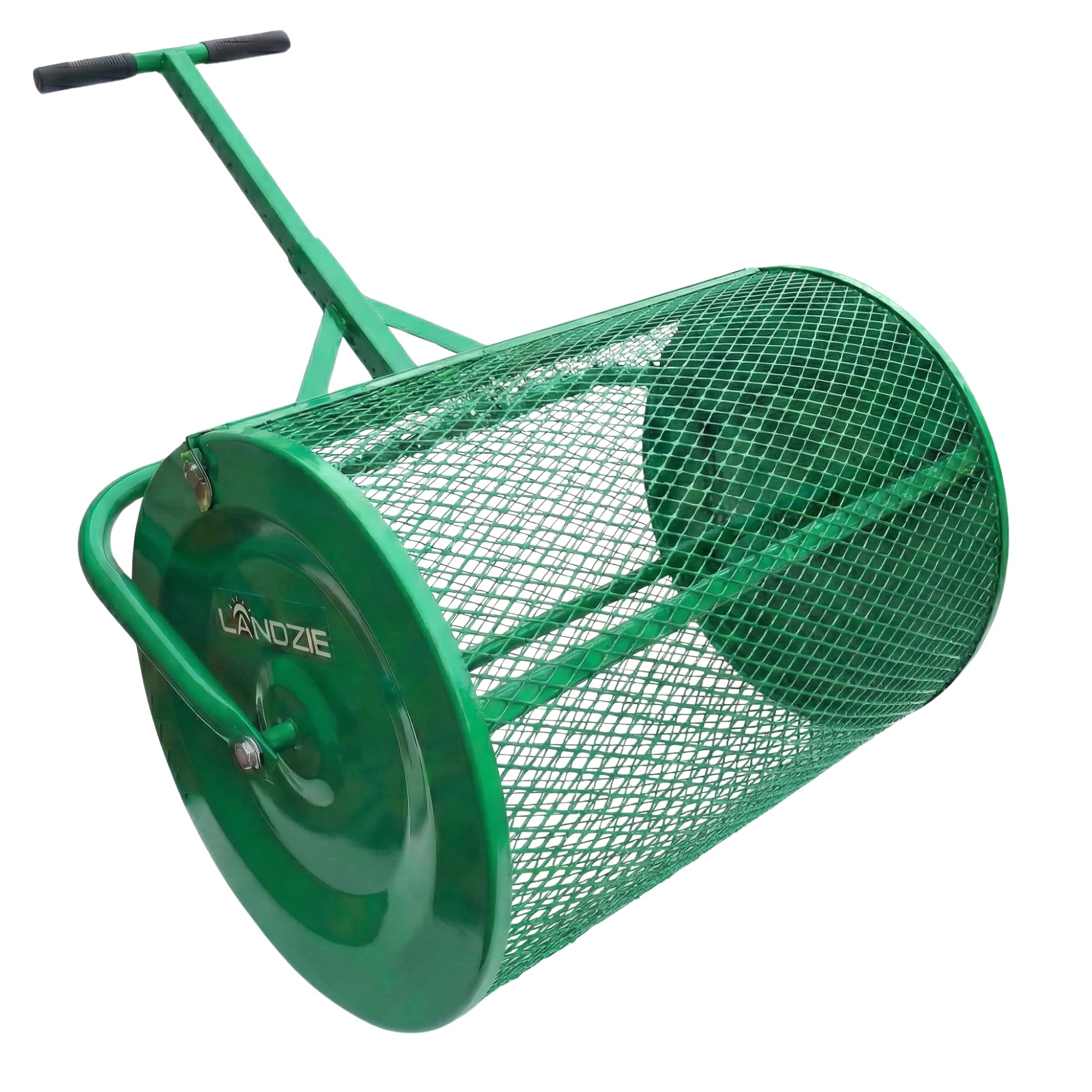 Landzie 24 Inch Compost Spreader and Peat Moss Spreader - Roller Lawn Spreader - Top Soil, Manure, Mulch, Top Dressing Spreader - Lawn and Garden Spreader - Metal Mesh Basket Compost Spreader for Lawn