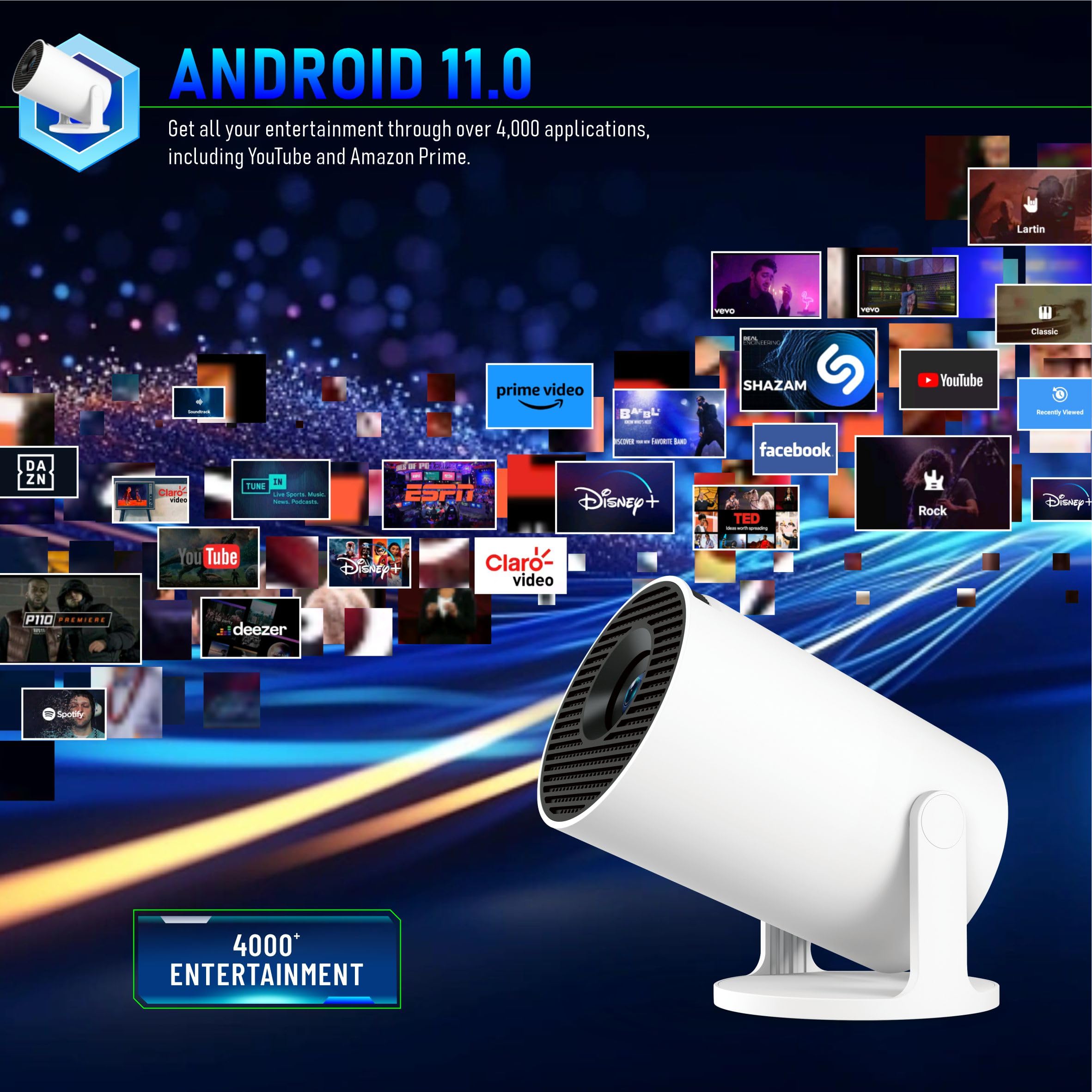 Portable Video Projecteur Mini Projecteur 4K Videoprojecteur WiFi 6 BT5.4 Android 11 Retroprojecteur 1080P Full HD Supporté pour TÉLÉPhone PC Lap HDMI Home Cinéma 180° Rotation (Middle)