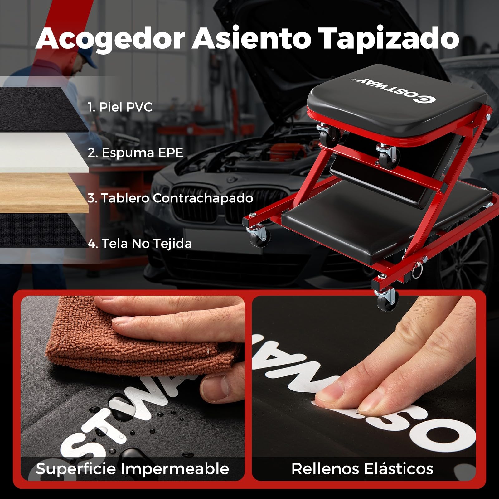 COSTWAY Camilla Mecánico 2 en 1, Taburete Taller Plegable con Asiento Acolchado y 6 Ruedas Universales, Taburete Convertible para Taller, Reparación de Autos, Carga hasta 150 kg (Negro)