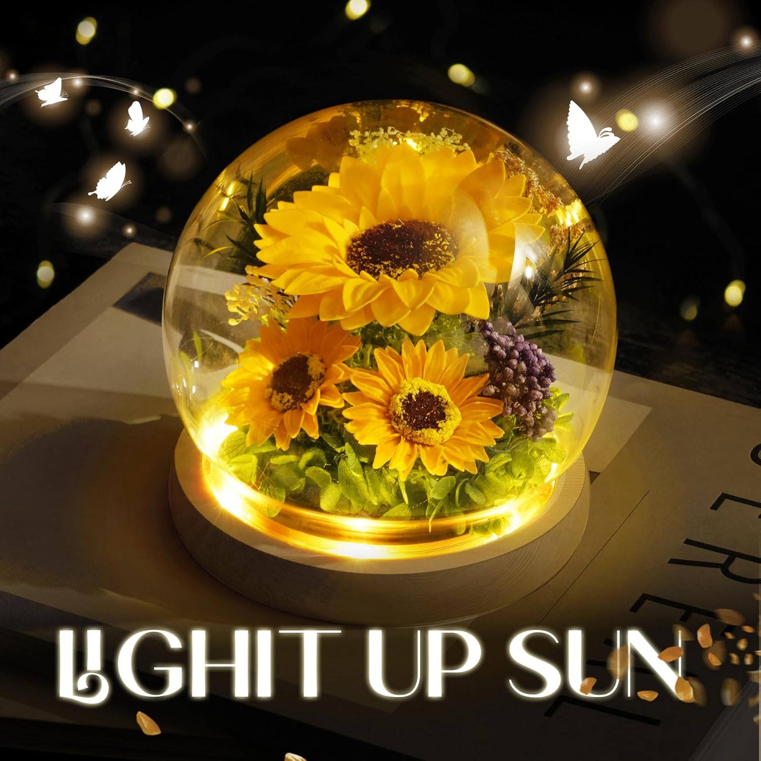 Sunflower Gifts for Women, for Mom, LED Glass Dome Sunflower with Wooden Base, Artificial Eternal Flower Decor, Unique Gift for Mom Wife Girlfriend