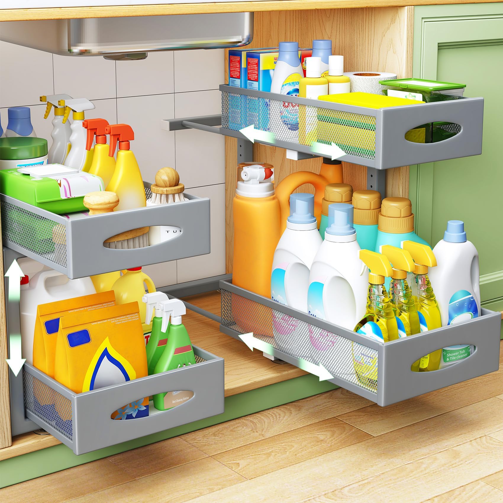 2 Pack Under Sink Organizer, 2 Tier Pull out Cabinet Organizer Mesh Baskets with 5 Adjustable Heights, Sliding Drawers Storage Shelf for Home, Kitchen, Bathroom, Pantry, Office, Countertop ,Grey