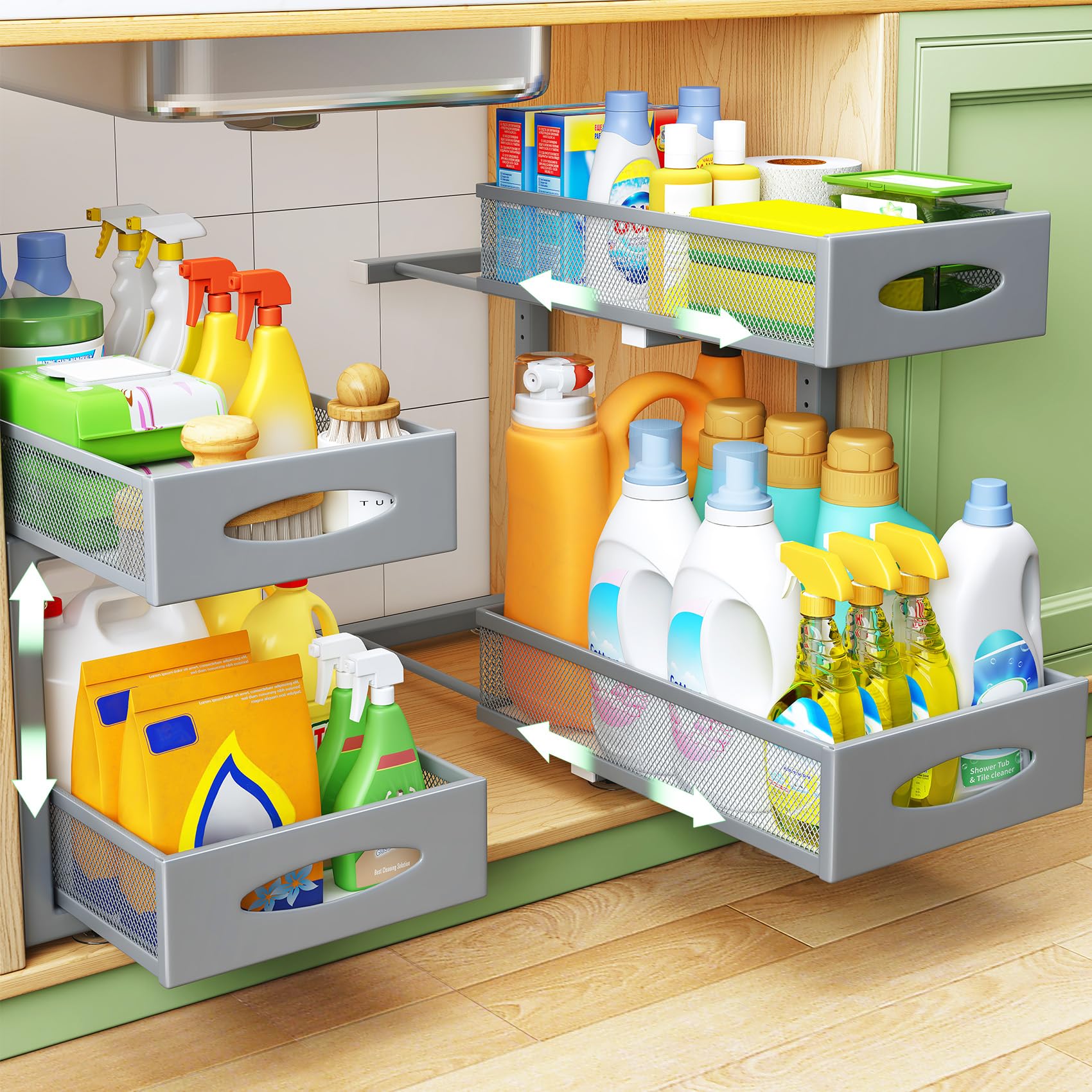 Under Sink Organizer, 2 Pack 2 Tier Pull out Cabinet Organizer Baskets with Mesh Sliding Drawers, Slide out Sink Storage Shelves for Home, Kitchen, Bathroom, Pantry, Office Organizers and Storag,Grey