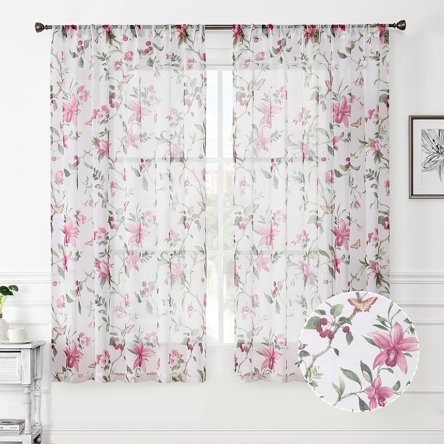 Tollpiz Floral Sheer Curtains Pink Cherry Flower Butterfly Print Living Room Curtain Rod Pocket Voile Linen Look White Sheer Curtains for Bedroom, 54 x 63 inches Long, Set of 2 Panels