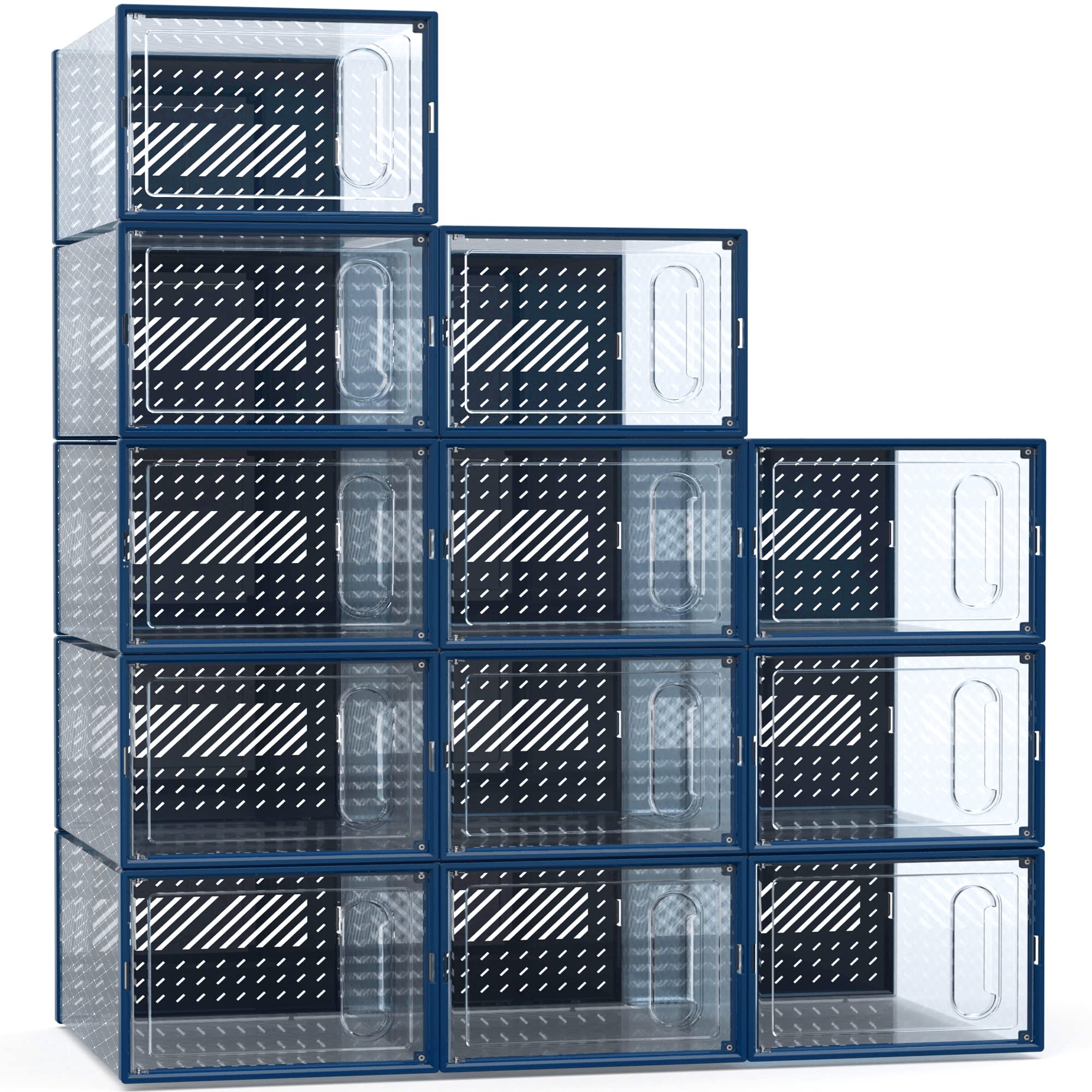 GONAT Large Shoe Organizers, 12 Pack Shoe Boxes Clear Plastic Stackable, Dust-Proof Shoe Container Stackable, Shoe Storage Organizers For Closet, Good Replacement For Shoe Rack, Under Bed, Blue.