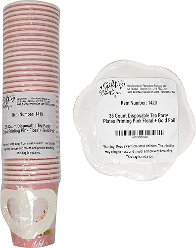 Miniatura 7 de Gift Boutique Juego de 36 tazas de té de papel con asas y 36 platillos en forma floral desechables para niños y adultos, cumpleaños, baby shower,