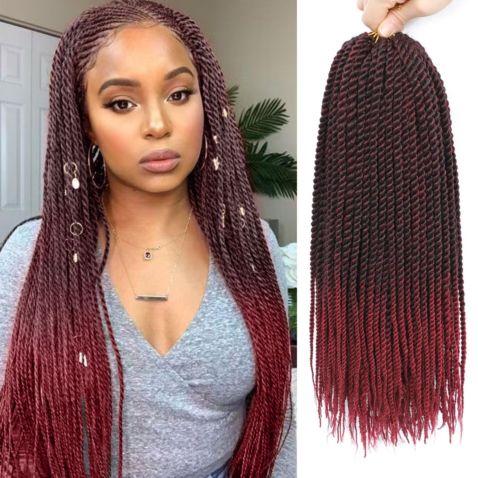 Senegalese Twist Crochet Hair-8 Packs 18 Inch Two Tone Senegalese Twist Crochet Braids For Women Human Hair,Black/Burgundy Pre Looped Crochet Braids,