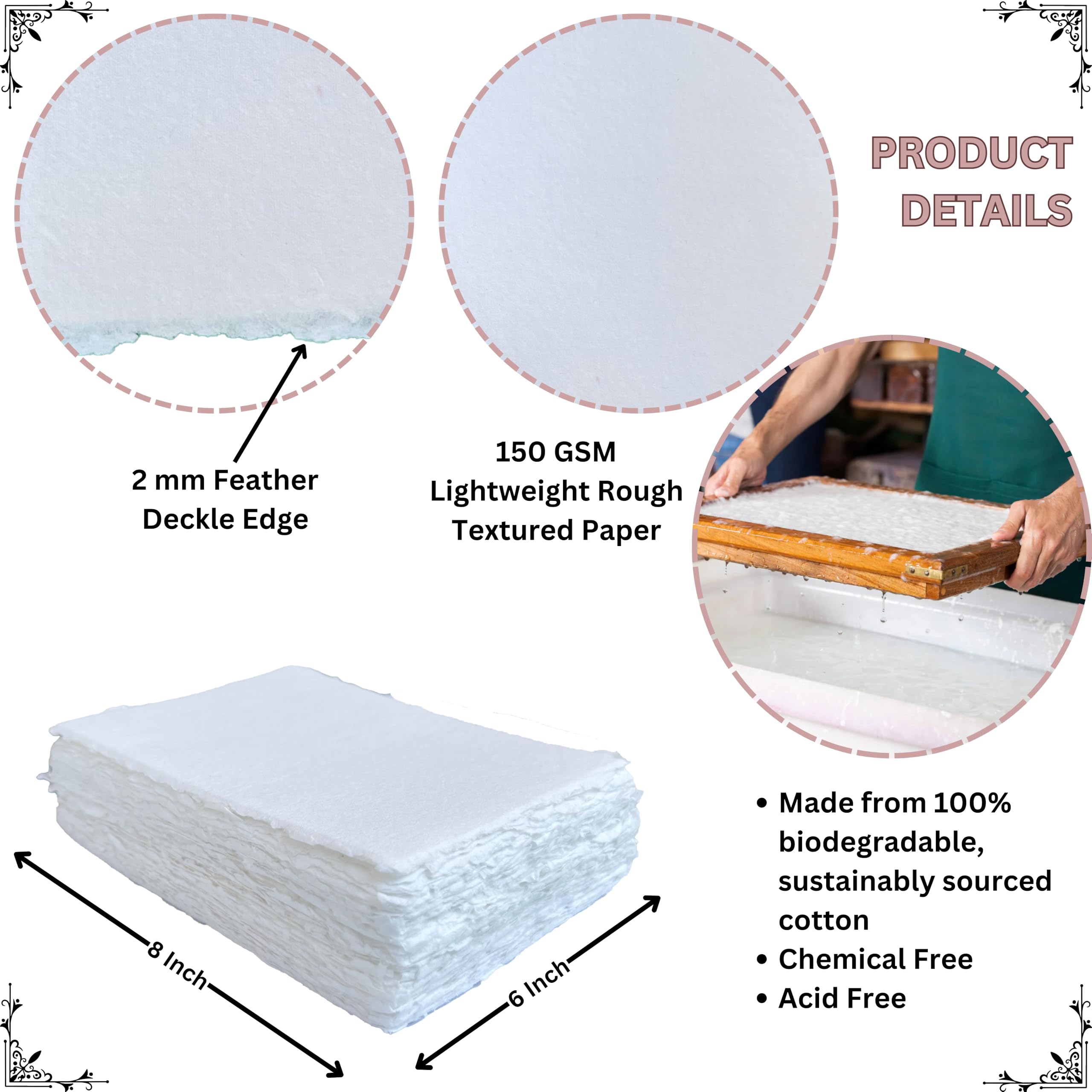 Lot de 50 feuilles de papier en coton recyclé fait à la main avec bords en coton recyclé pour aquarelle, écrivains, invitations, travaux manuels (150 g/m², 15,2 x 20,3 cm, format A5)