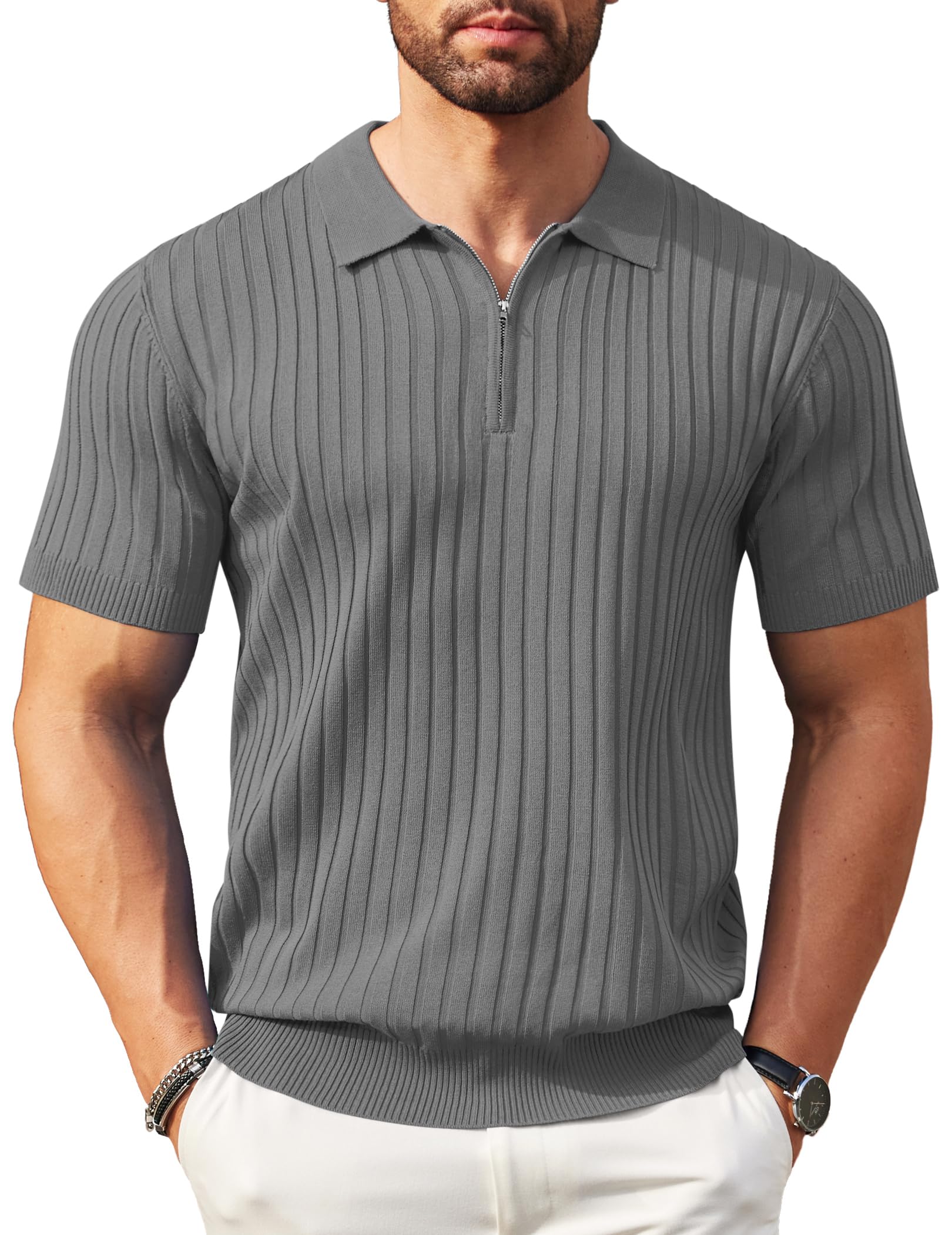COOFANDY Męska koszulka polo z zamkiem błyskawicznym letnia koszulka polo z krótkim rękawem w paski elastyczna koszulka polo golf casual koszulka polo