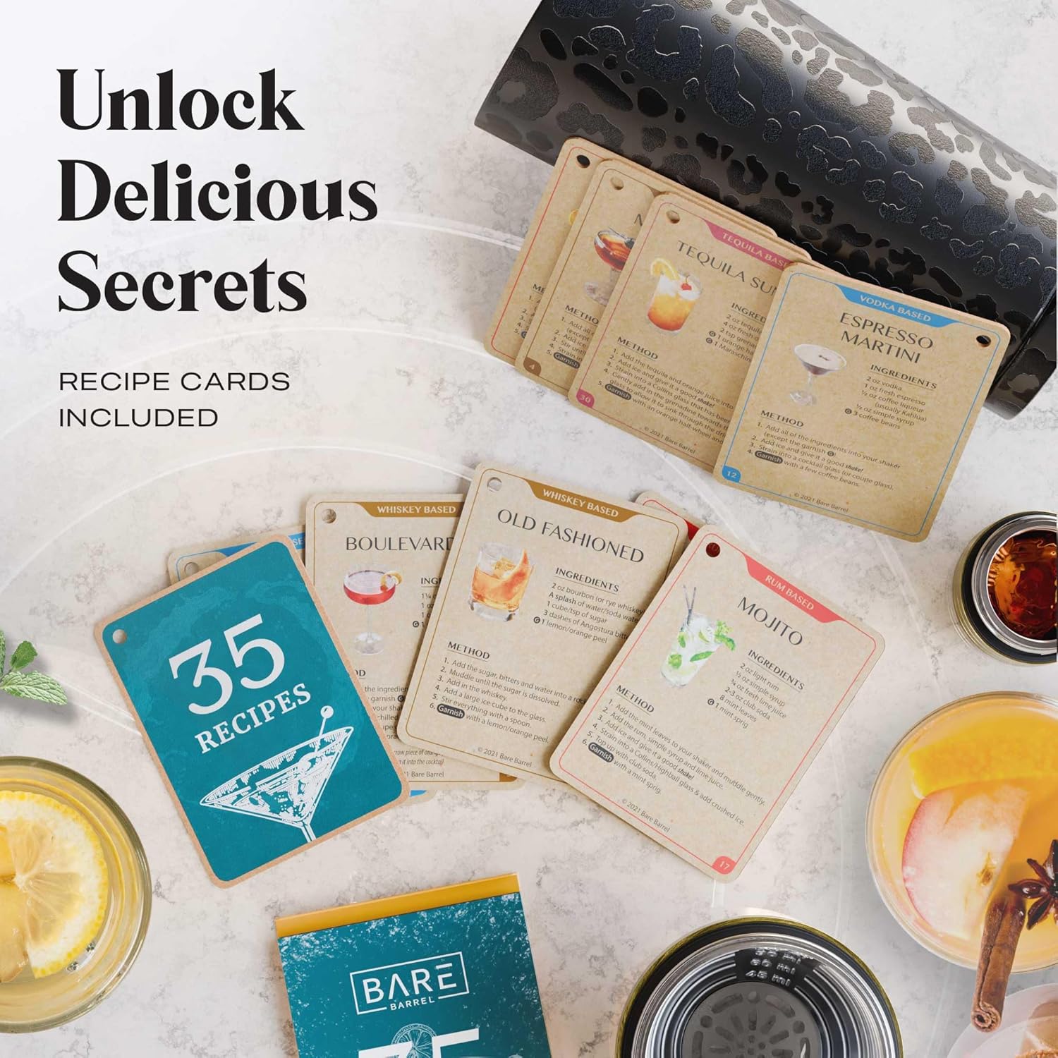 BARE BARREL Insulated Cocktail Shaker Set | Double Wall Stainless Steel | Martini Shaker for Home Bar Bartending | Built-in Drink Measure System & Strainer, Travel Bag, Recipes | Gift Set (Leo Gold) - Image 9