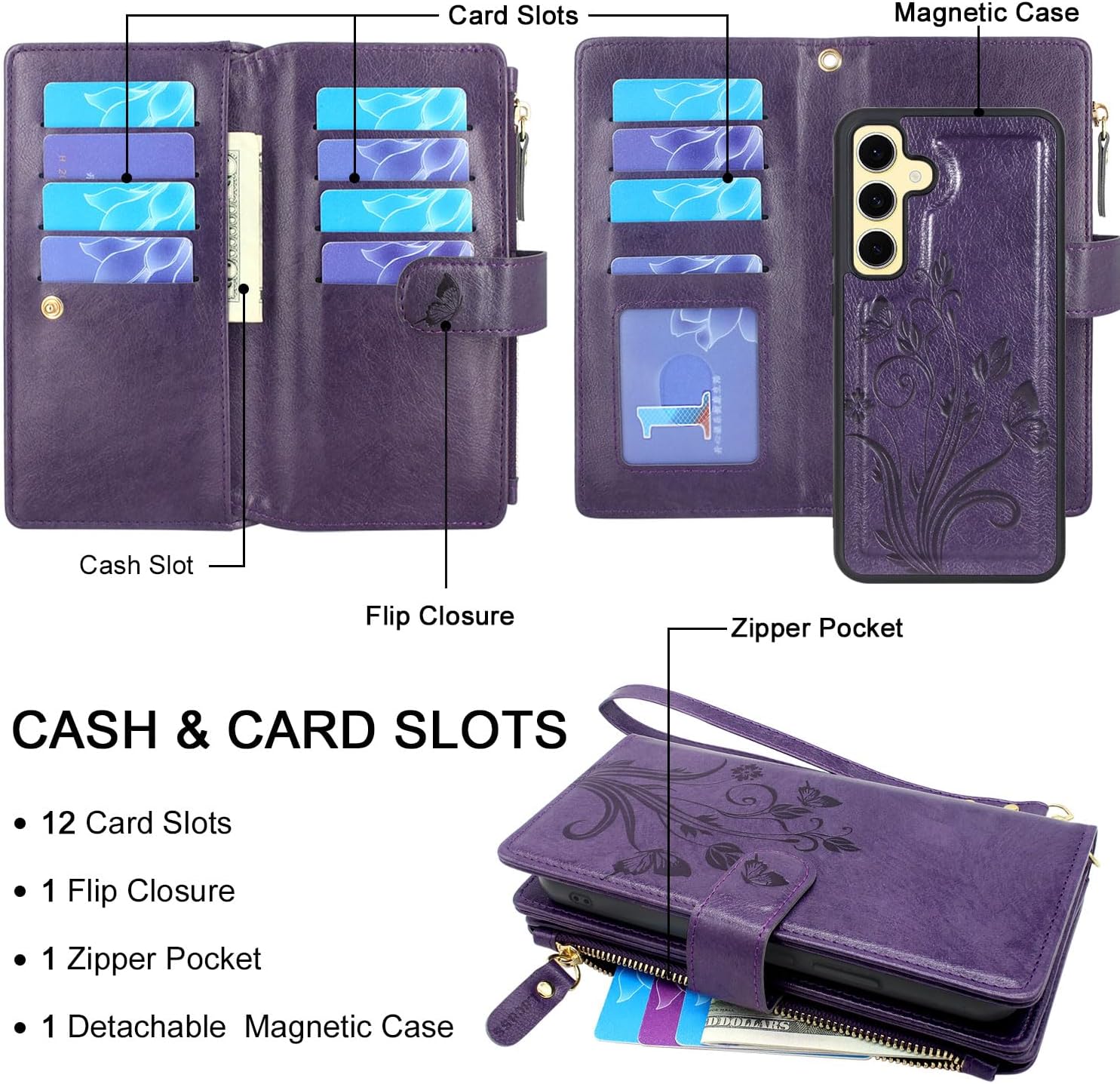 Lacass Case Wallet for Samsung Galaxy S24 FE S24FE 2024, [12 Card Slots] ID Credit Cash Holder Zipper Pocket Detachable Leather Wallet Cover with Wrist Strap Lanyard（Floral Dark Purple）