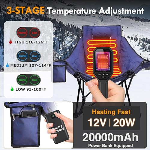 Miniatura 3 de Slendor Silla de camping con calefacción de gran tamaño con batería de 2000 mAh, mecedora acolchada y térmica con almohada, 3 ajustes de calor