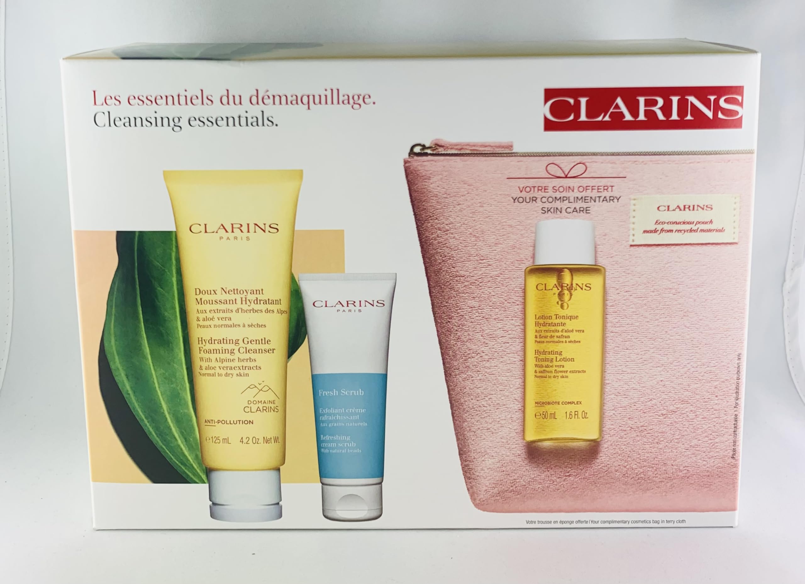 Clarins Cleansing Essentials Cream Hydrating Gentle Foaming Cleanser 125 Ml, Fresh Scrub 50 Ml, Hydrating Toning Lotion 50 Ml, Cosmetic Bag