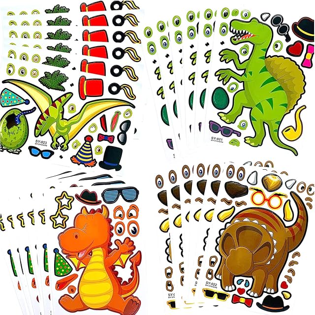 Adisno 24 Sheets Make Your Own Stickers for Kids, Make a Dinosaur Stickers for Kids, Make-a-face Sticker, Dinosaur Birthday Party Favors Supplies for Kids Party Bag Fillers, DIY Craft Projects